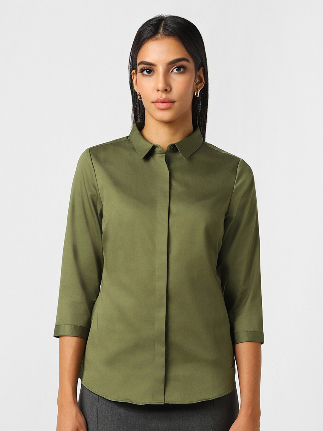 

Van Heusen Woman Spread Collar Cotton Formal Shirt, Olive