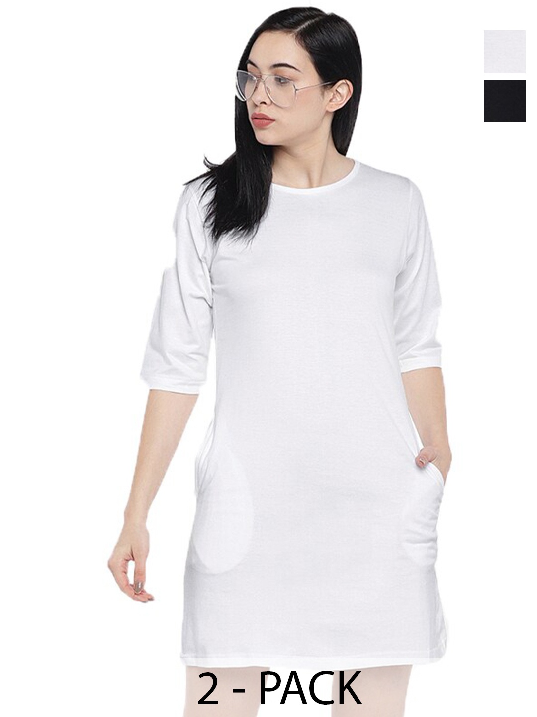 

STATUS MANTRA Pack Of 2 Round Neck Cotton T-shirt Dress, White