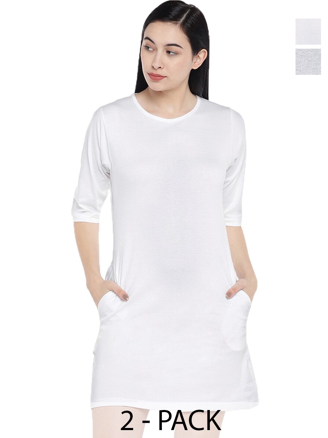 

STATUS MANTRA Pack Of 2 Slit Sleeve Round Neck Cotton A-Line Mini Dress, White