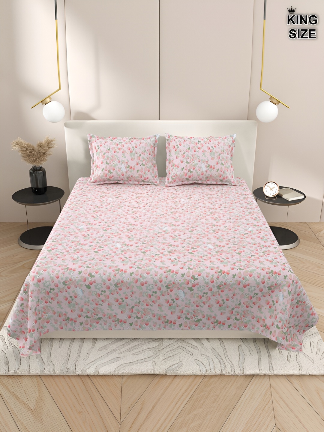 

DREAM WEAVERZ Pink & Green Floral 220 TC Super King Bedsheet with 2 Pillow Covers