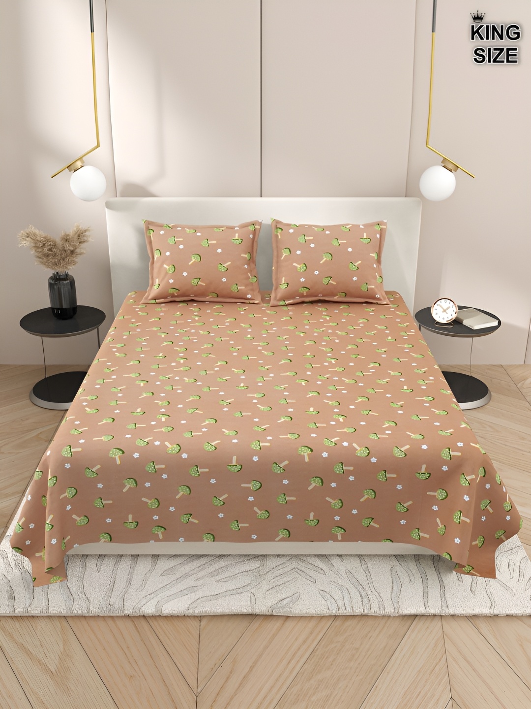 

DREAM WEAVERZ Brown & Green Floral 220 TC Cotton King Bedsheet with 2 Pillow Covers