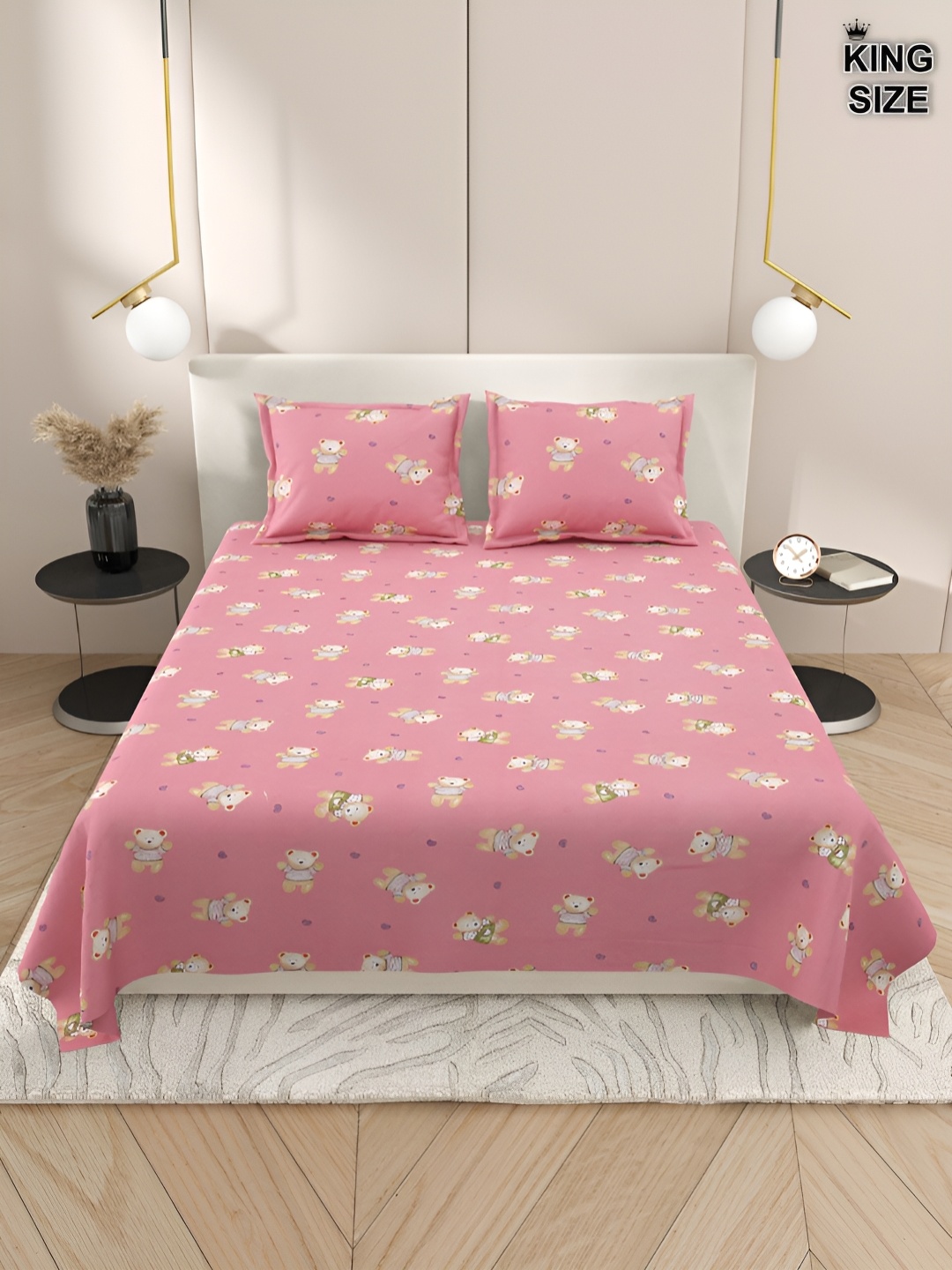 

DREAM WEAVERZ Pink & White Cartoon 220 TC Cotton King Bedsheet with 2 Pillow Covers