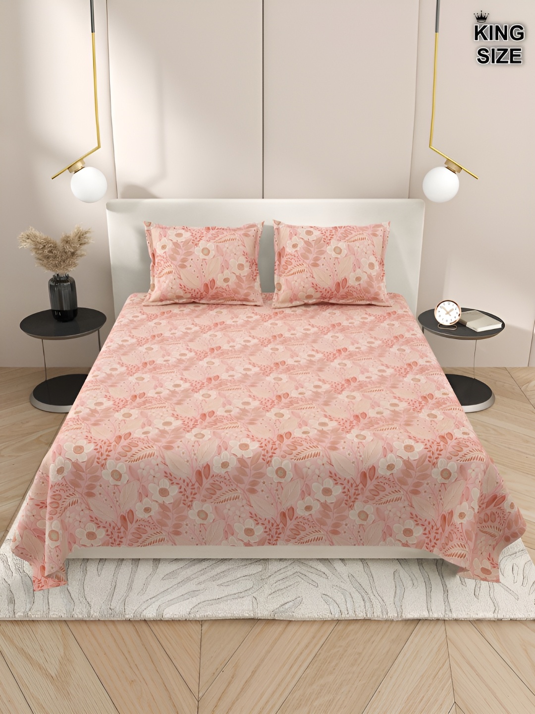 

DREAM WEAVERZ Peach & White Floral 220 TC Cotton King Bedsheet with 2 Pillow Covers