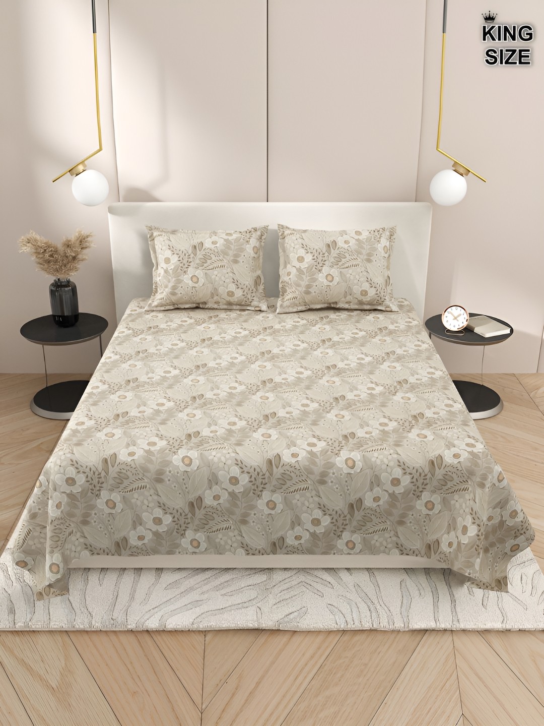 

DREAM WEAVERZ Grey & White Floral 220 TC Cotton King Bedsheet with 2 Pillow Covers