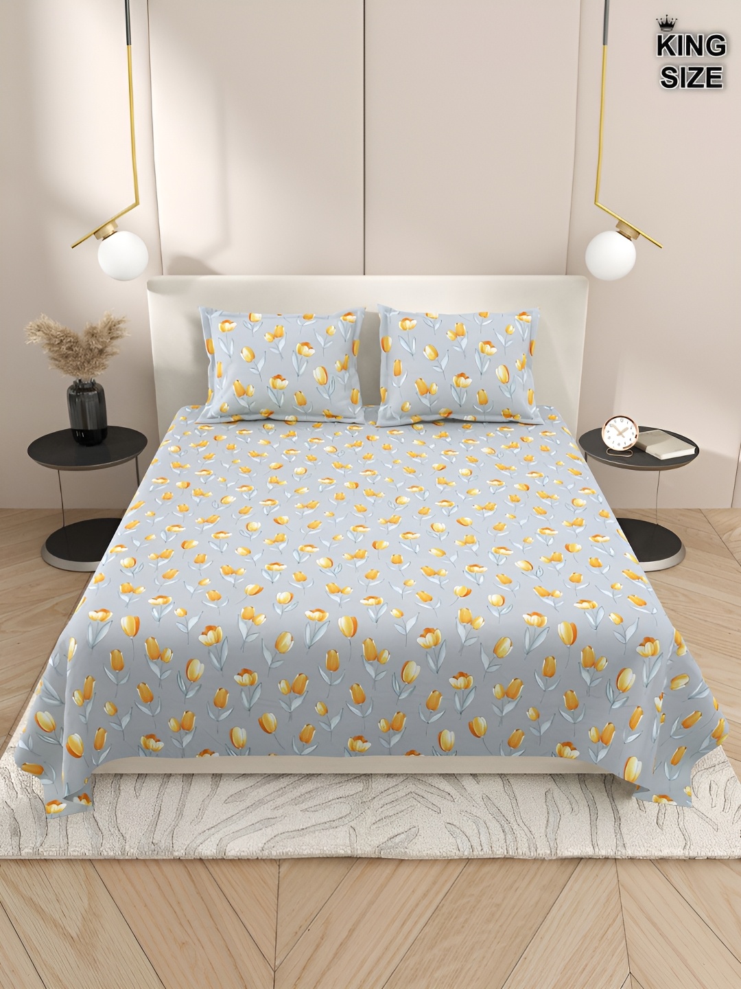 

DREAM WEAVERZ Grey & Yellow Floral 220 TC Super King Bedsheet with 2 Pillow Covers