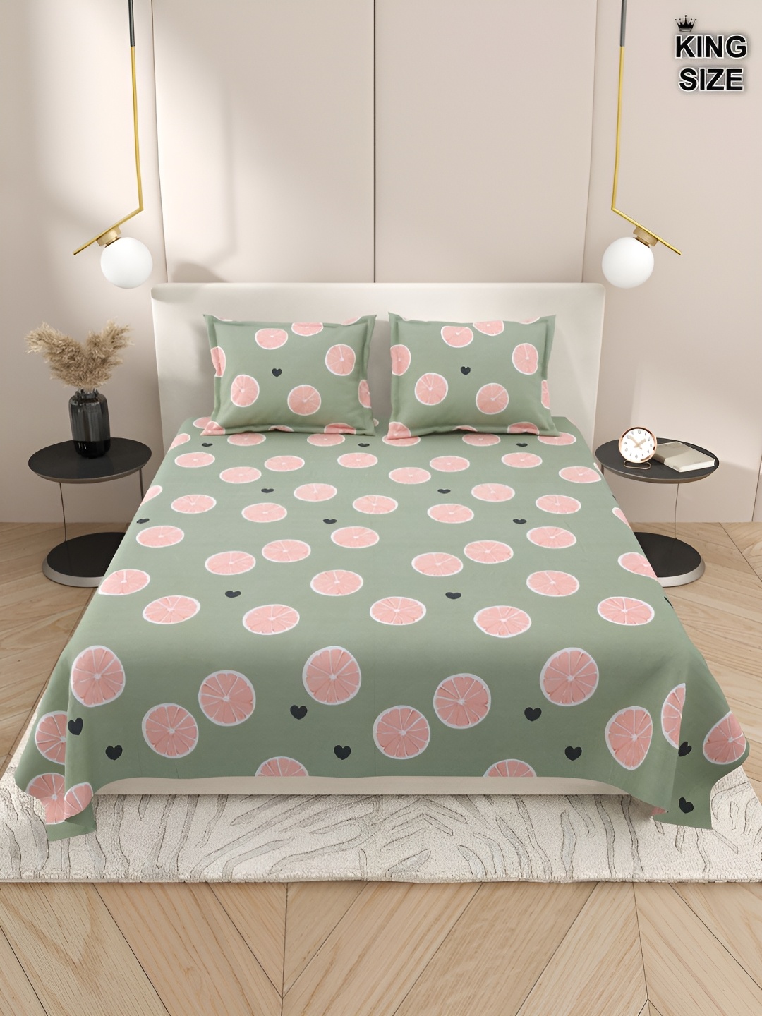 

DREAM WEAVERZ Green & Pink Floral 220 TC Cotton King Bedsheet with 2 Pillow Covers