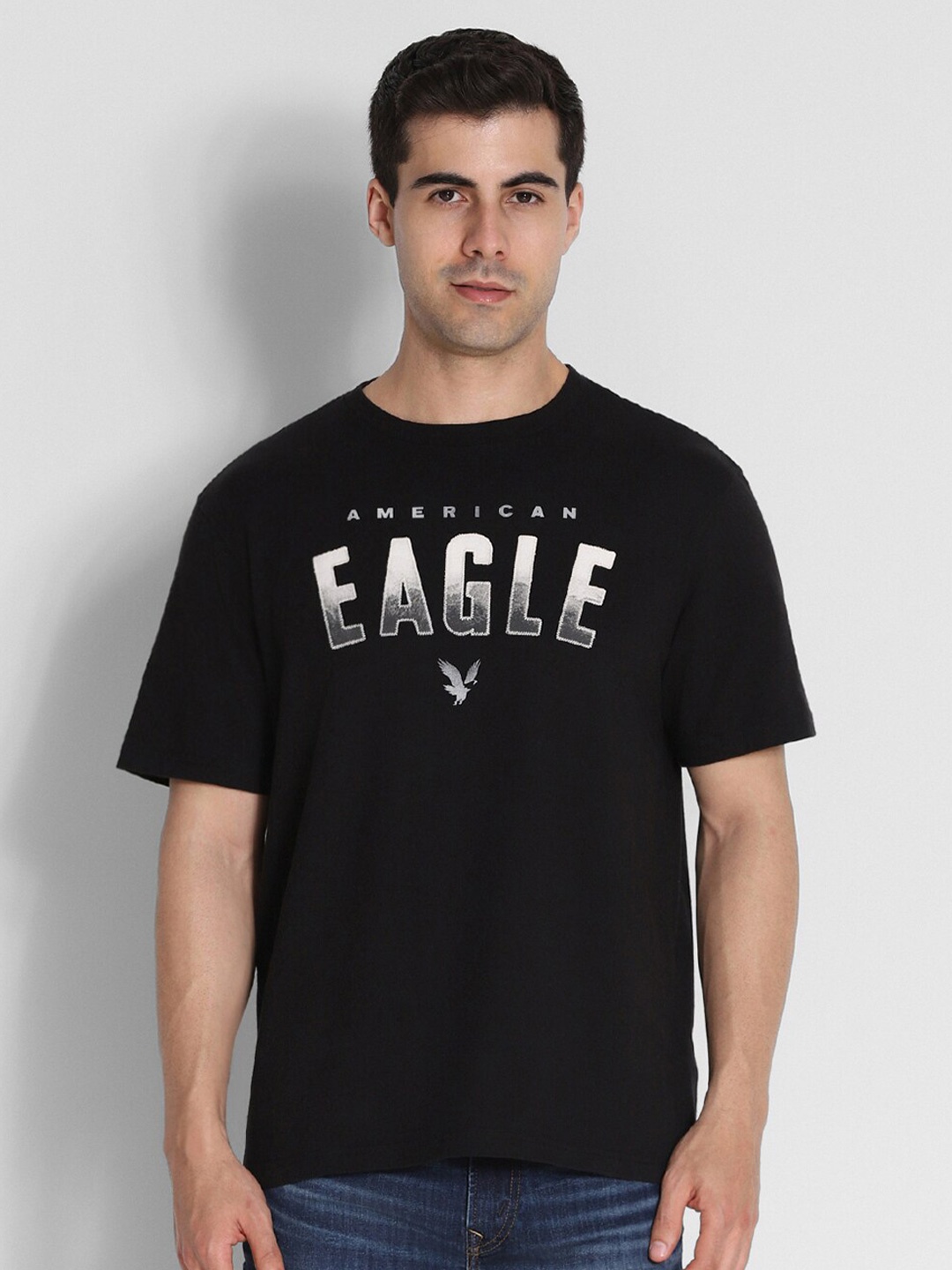 

AMERICAN EAGLE OUTFITTERS Brand Logo Printed Cotton T-shirt, Black