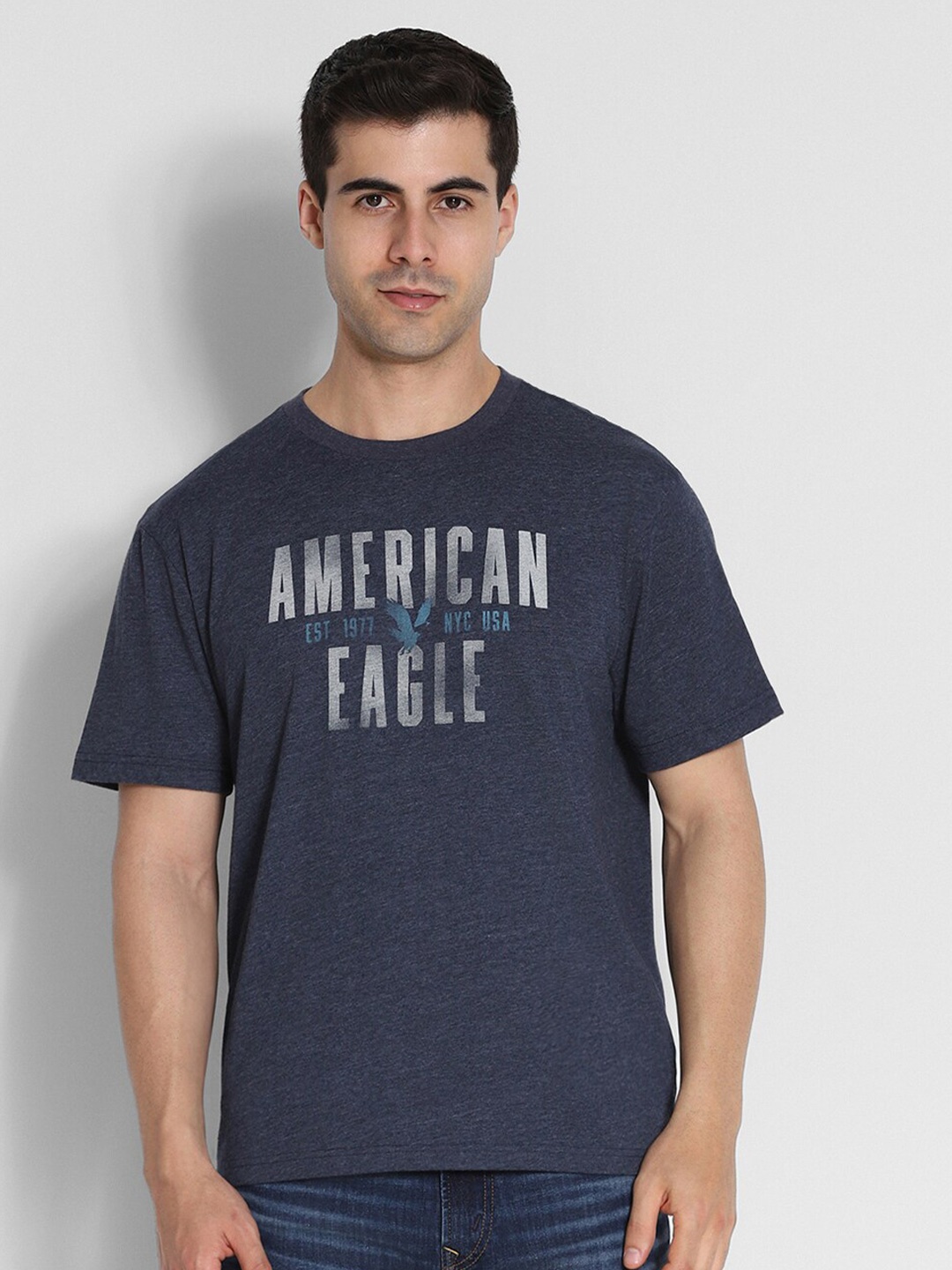 

AMERICAN EAGLE OUTFITTERS Brand Logo Printed Cotton T-shirt, Navy blue