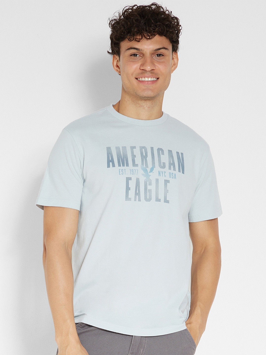 

AMERICAN EAGLE OUTFITTERS Typography Printed Round Neck Short Sleeves Cotton T-shirt, Blue