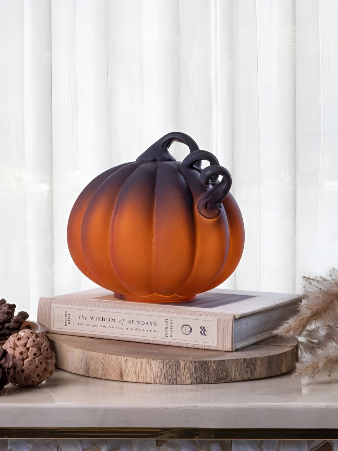 

Artstory Ventures Orange & Black Glass Idol Smoked Glass Decorative Pumpkin Showpiece