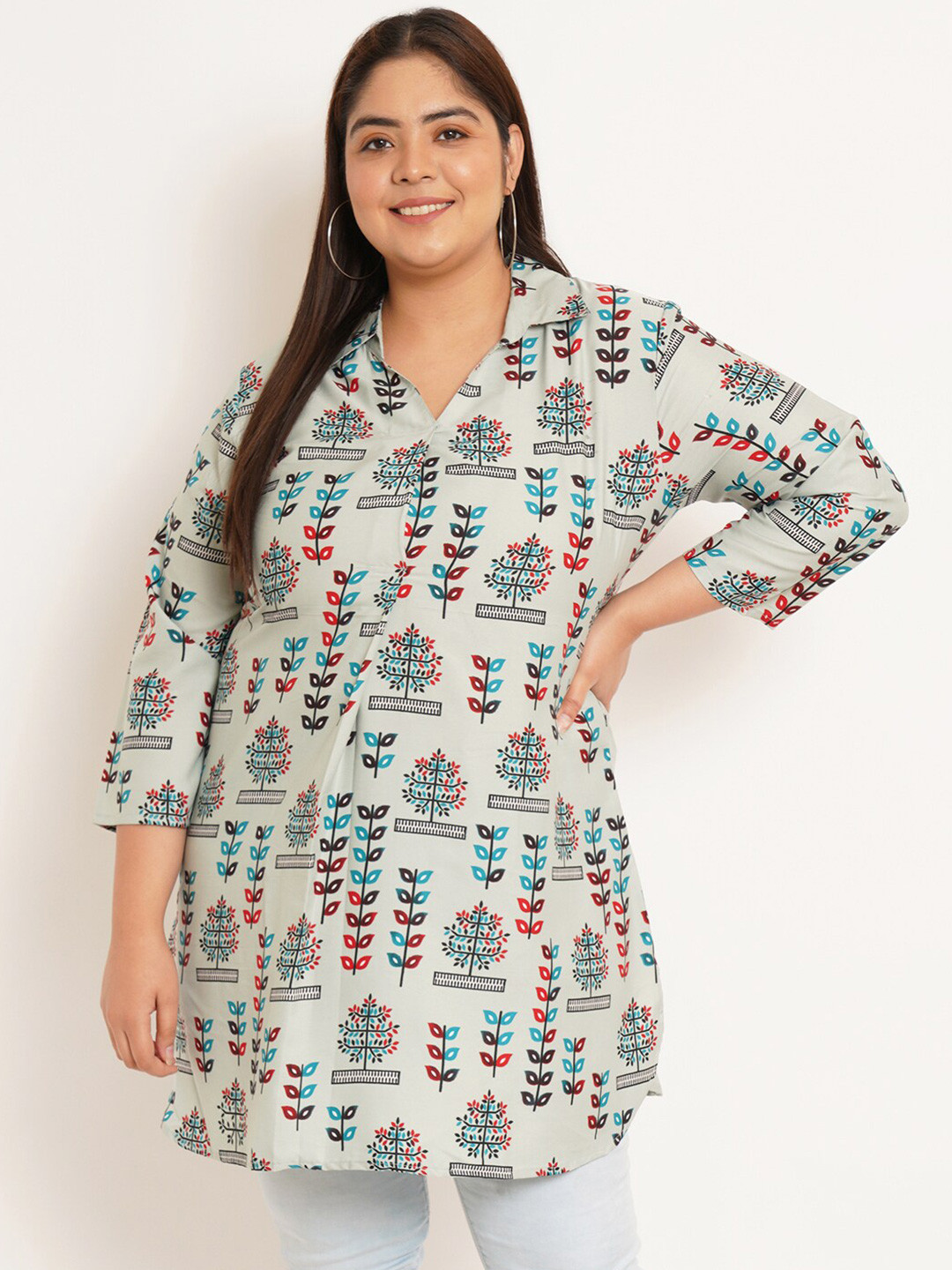 

U&F Beyond Plus Size Floral Printed Shirt Style Longline Top, Off white