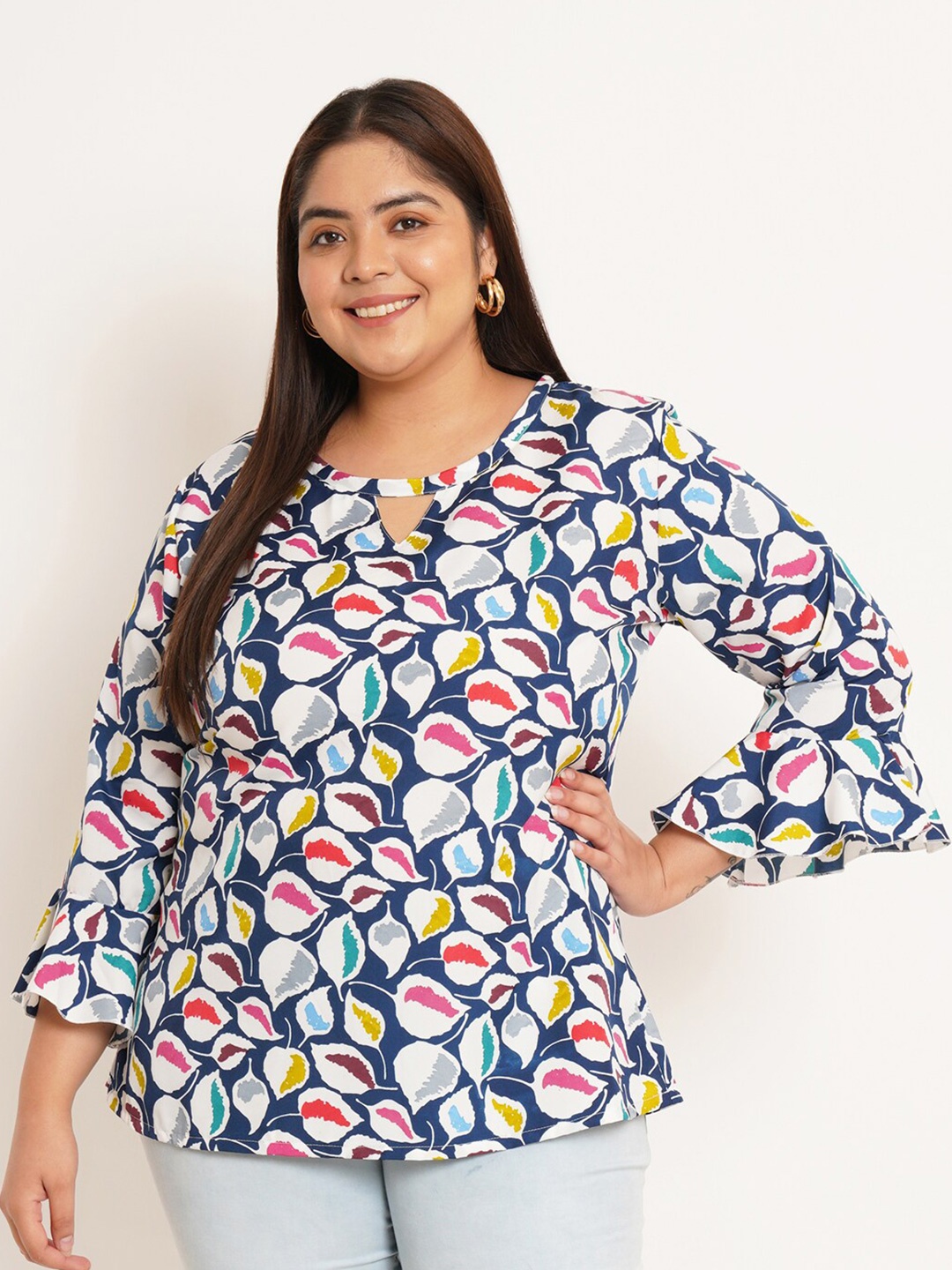 

U&F Beyond Plus Size Floral Printed Keyhole Neck Flared Sleeve Casual Top, Blue