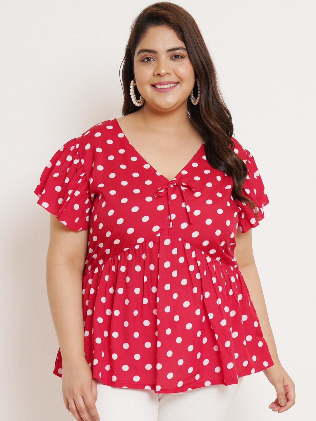 

U&F Beyond Plus Size Polka Dot Printed Flared Sleeve Peplum Top, Red