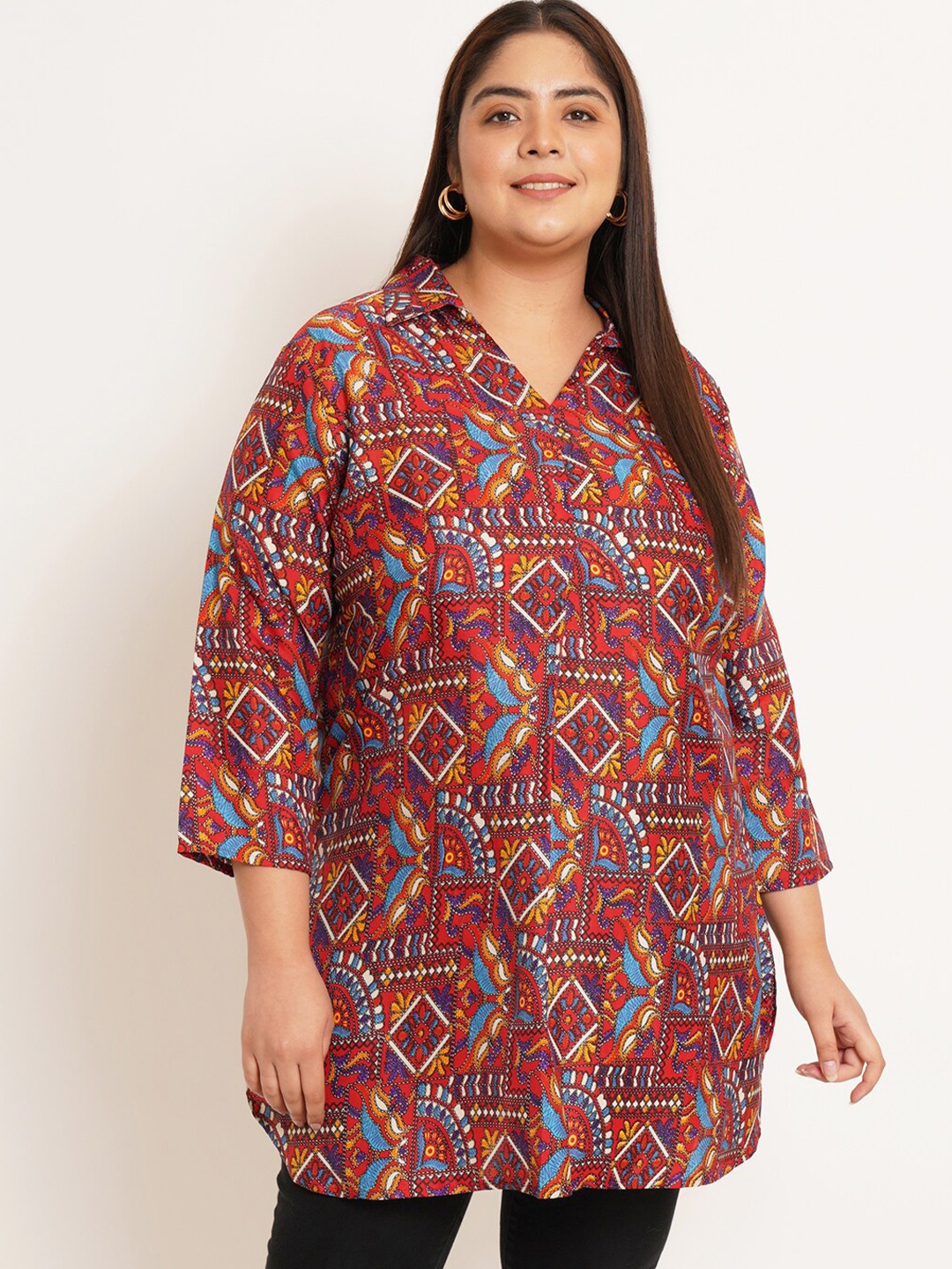 

U&F Beyond Plus Size Printed Shirt Collar Three-Quarter Sleeves Top, Red