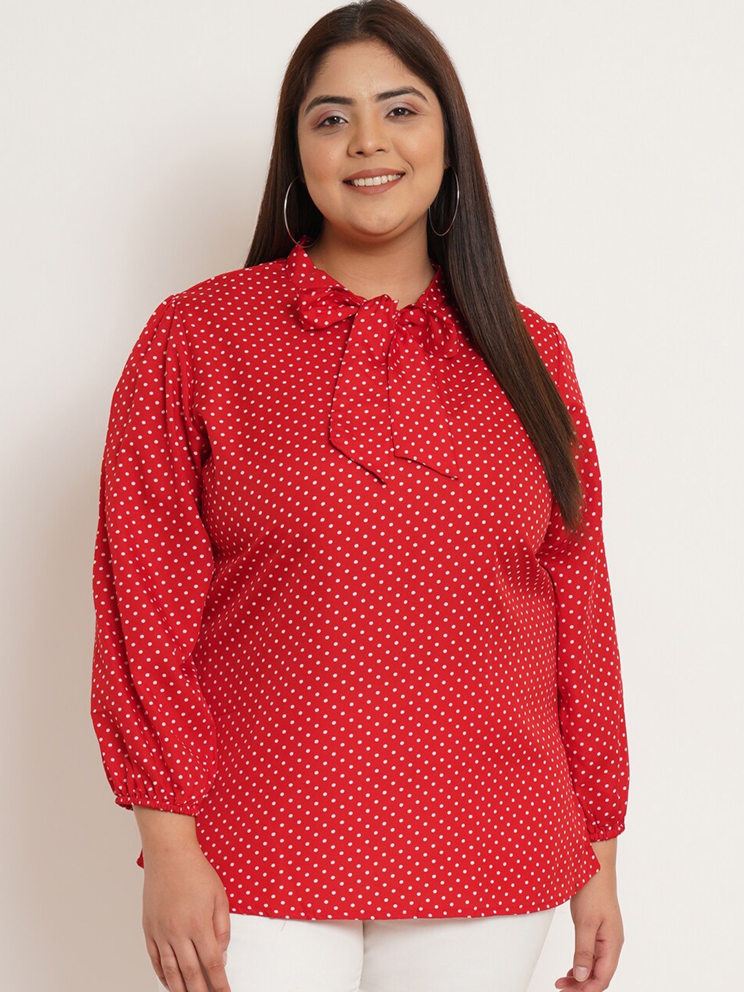 

U&F Beyond Polka Dot Print Tie-Up Neck Crepe Top, Red