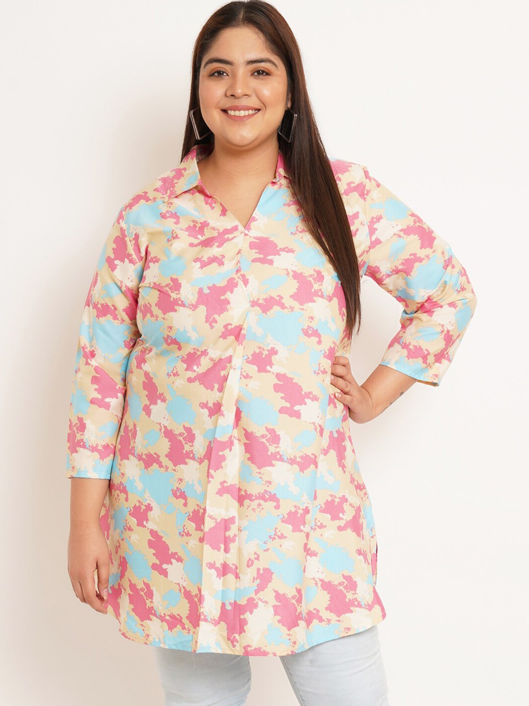

U&F Beyond Plus Size Abstract Printed Shirt Style Longline Top, Beige