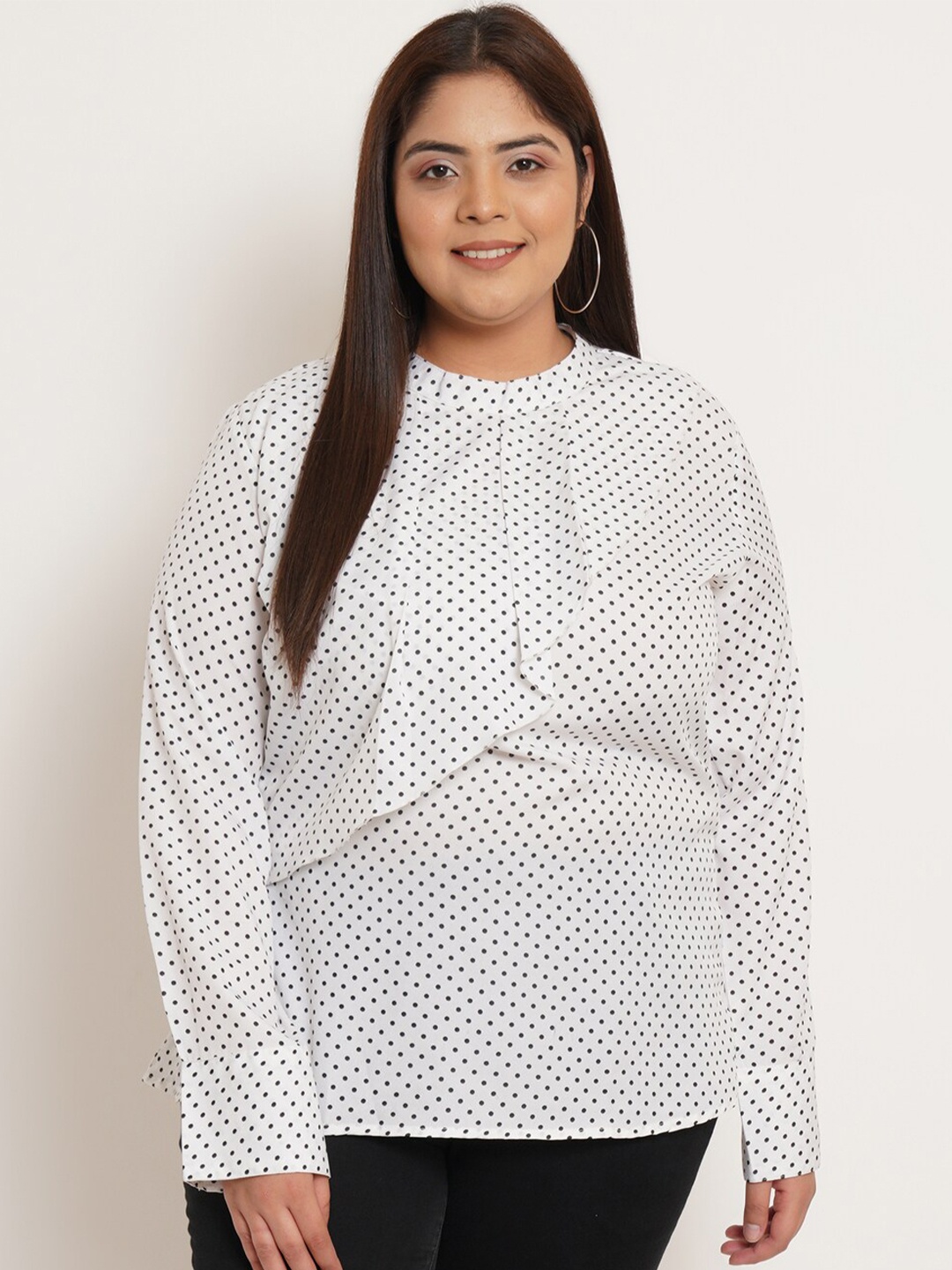 

U&F Beyond Plus Size Polka Dot Printed Cuffed Sleeves Ruffles Top, White