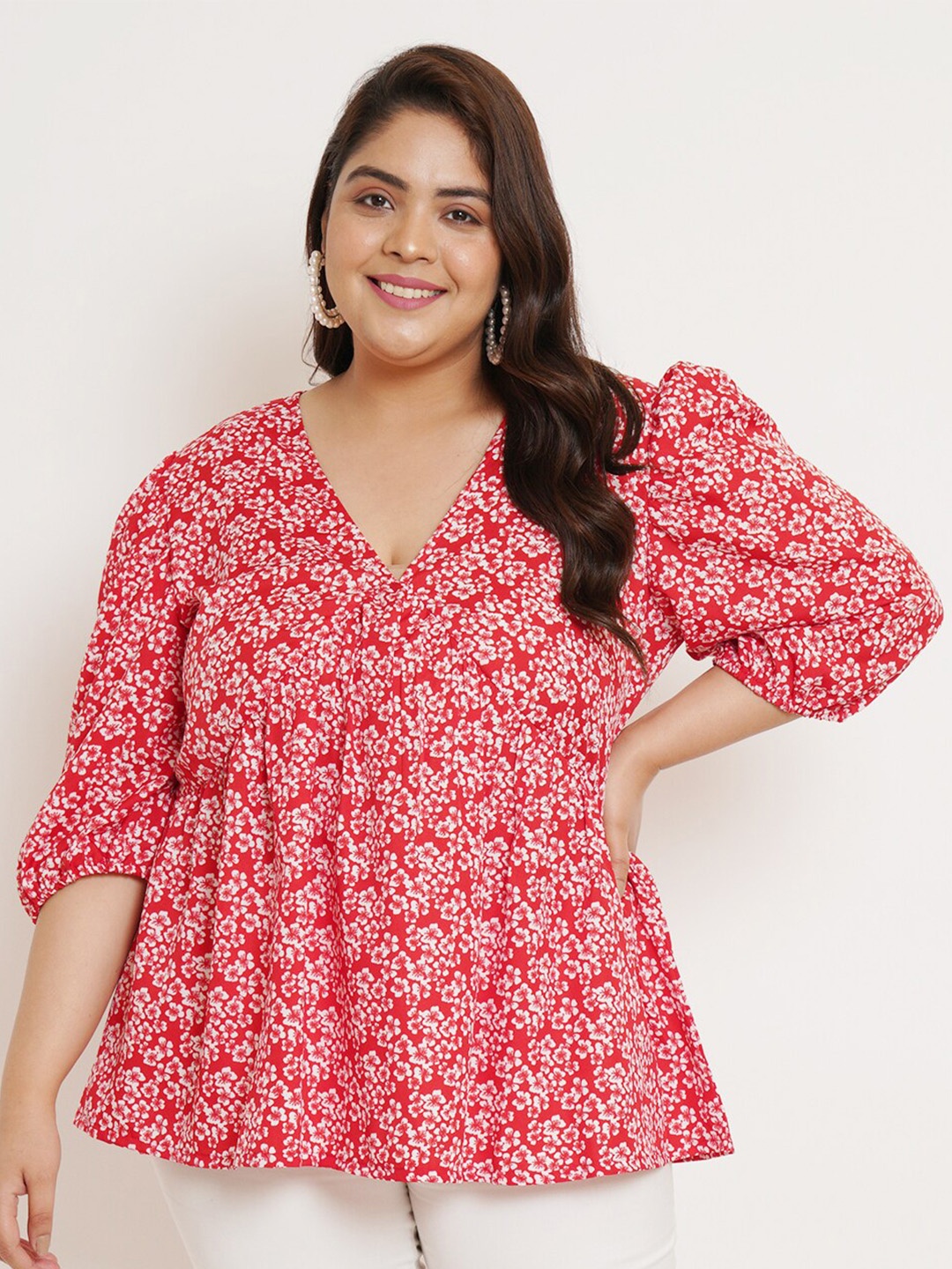 

U&F Beyond Plus Size Floral Printed V-Neck Puff Sleeve Empire Top, Red