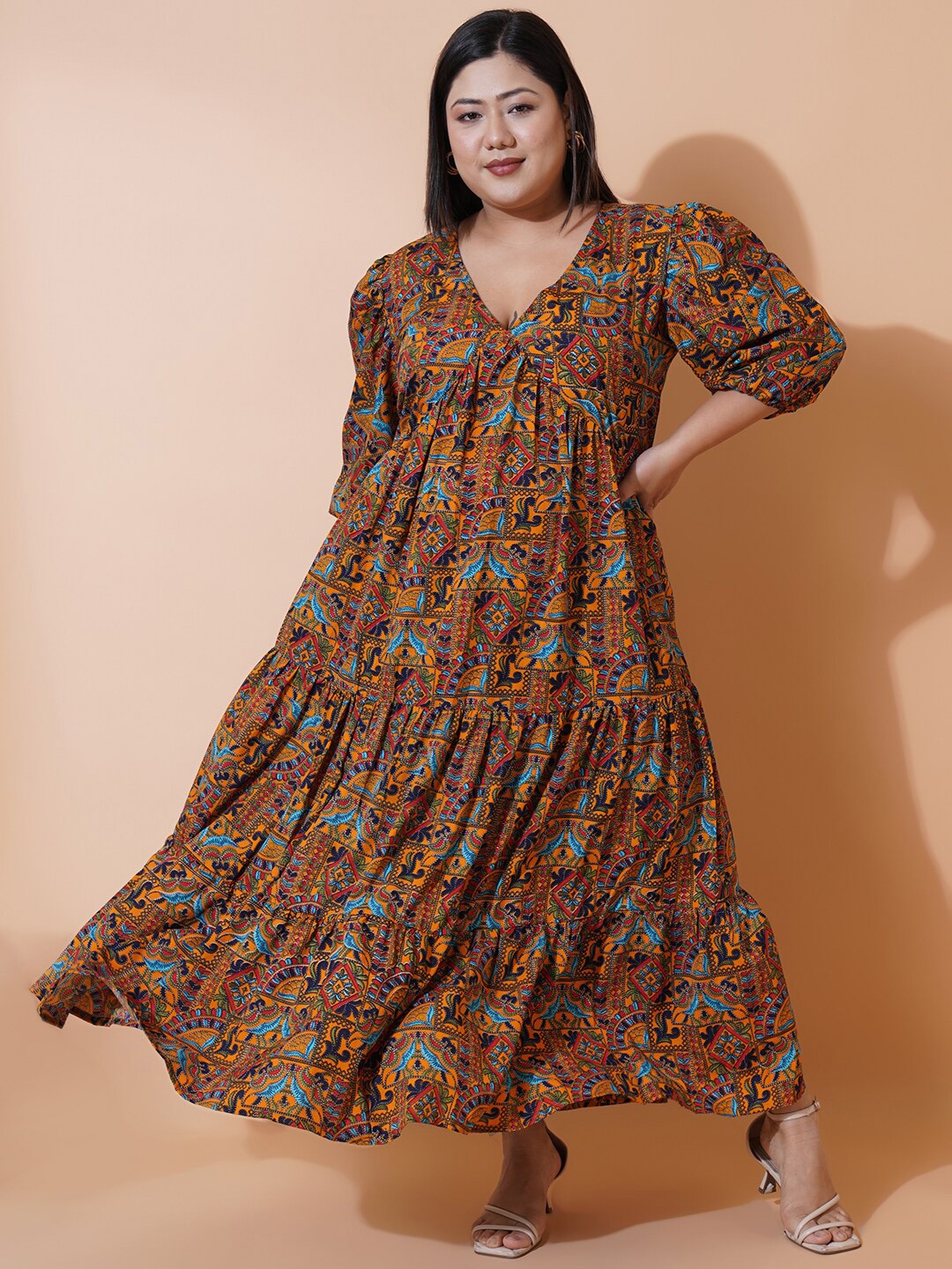 

U&F Beyond Plus Size Floral Printed V-Neck Puff Sleeves Tiered Empire Maxi Dress, Brown