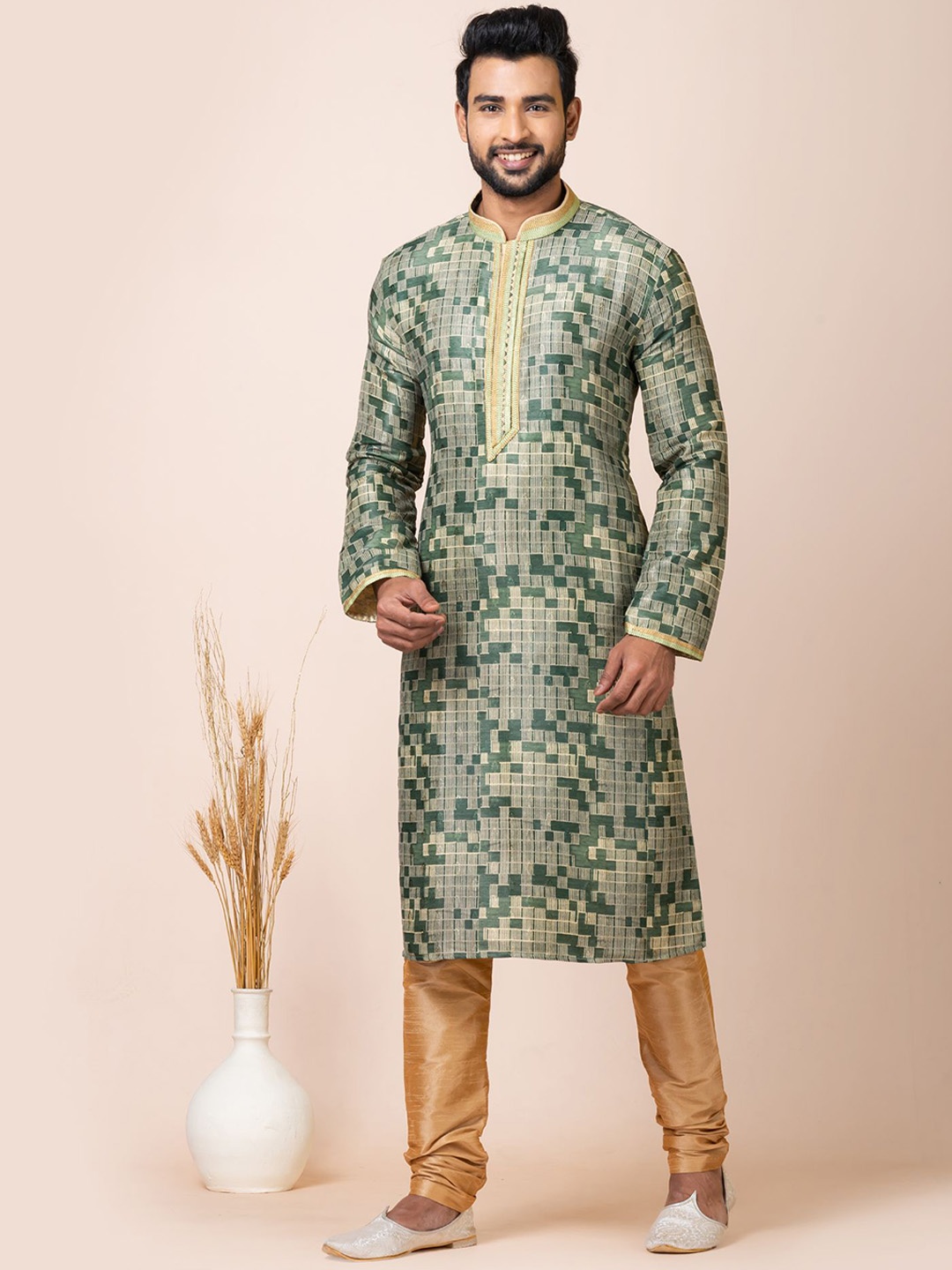 

ROOTED LIBAAS Geometric Woven Design Regular Thread Work Kurta With Churidar, Green