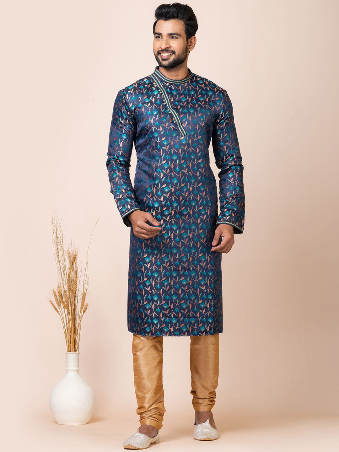 

ROOTED LIBAAS Floral Woven Design Regular Straight Kurta With Churidar, Navy blue