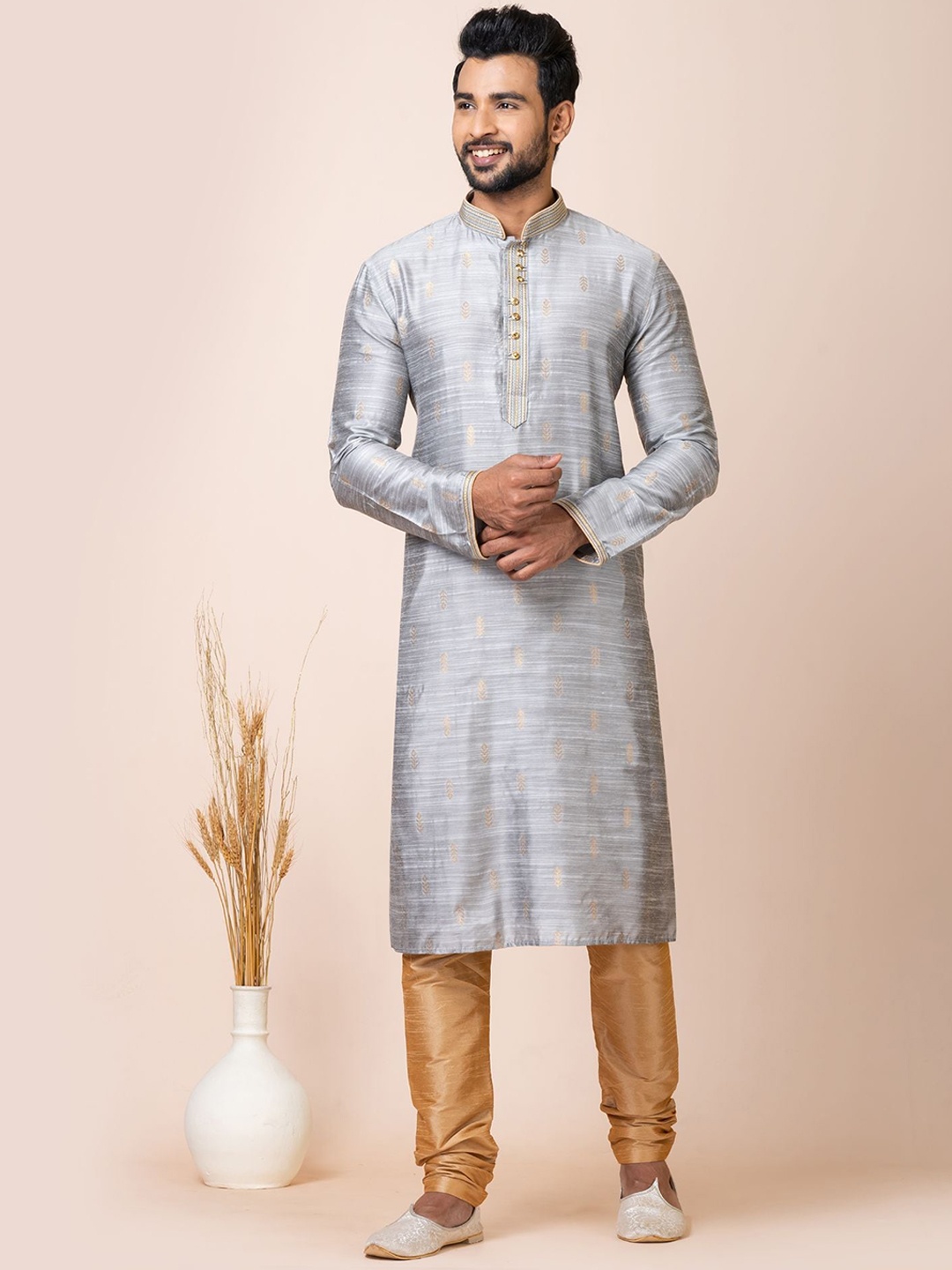 

ROOTED LIBAAS Woven Design Mandarin Collar Kurta with Pyjamas, Grey