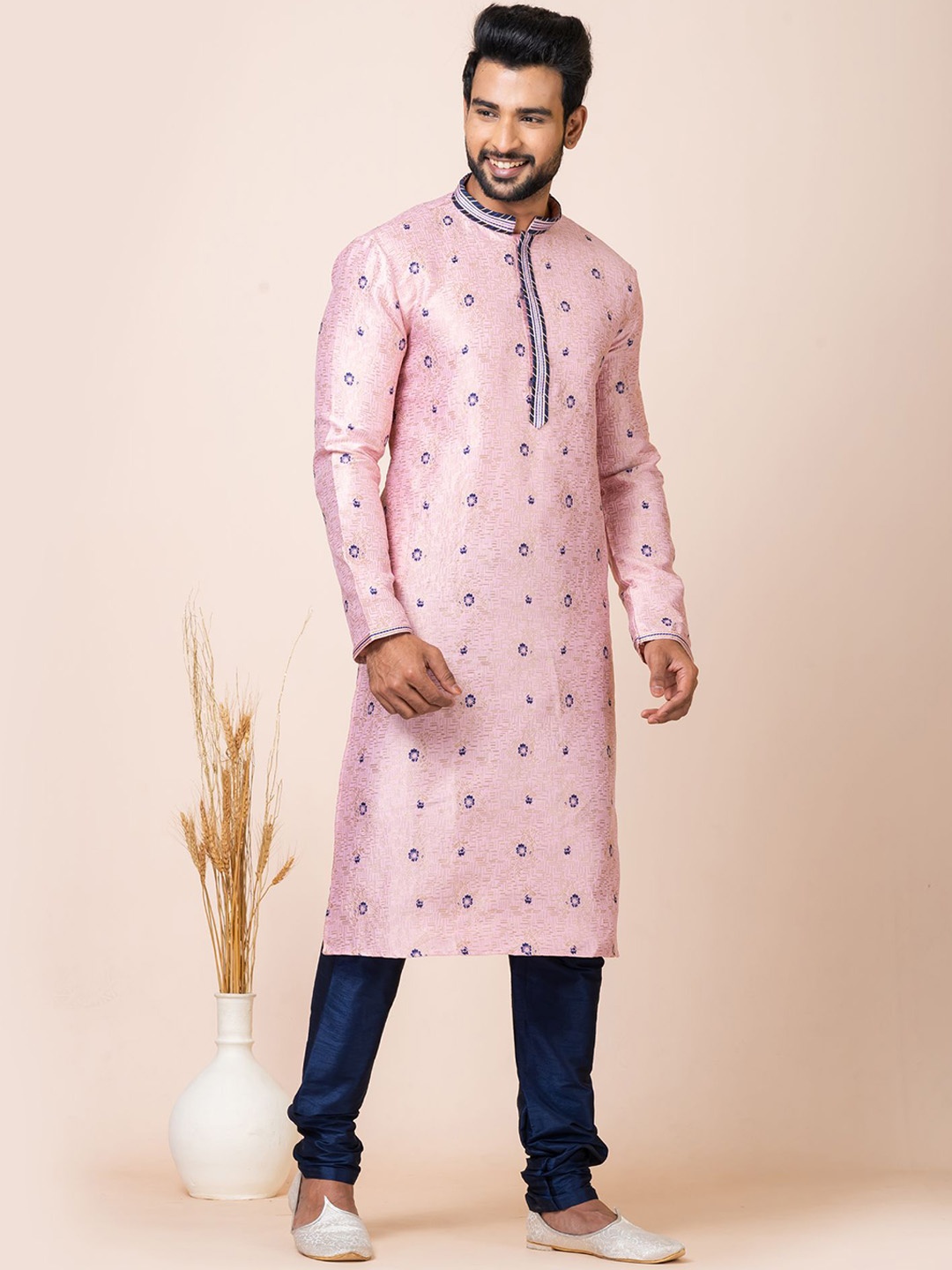 

ROOTED LIBAAS Floral Woven Design Regular Straight Kurta With Pyjamas, Pink