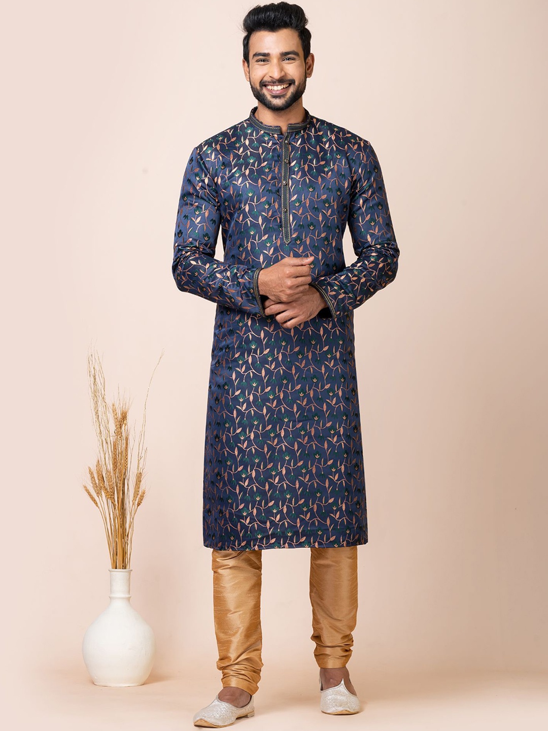 

ROOTED LIBAAS Floral Woven Design Straight Kurta With Pyjamas, Navy blue