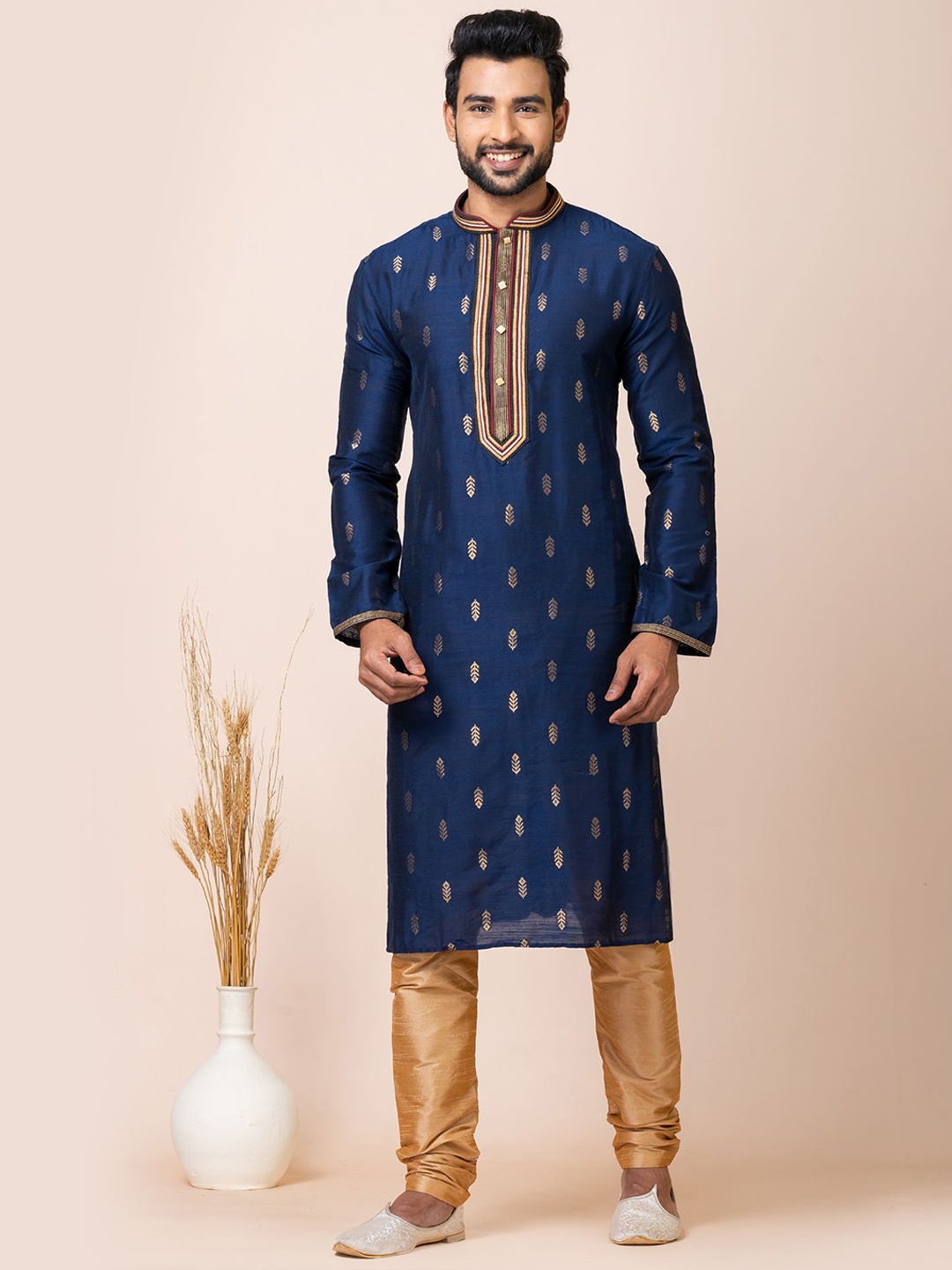 

ROOTED LIBAAS Ethnic Motifs Woven Design Regular Straight Kurta With Churidar, Blue