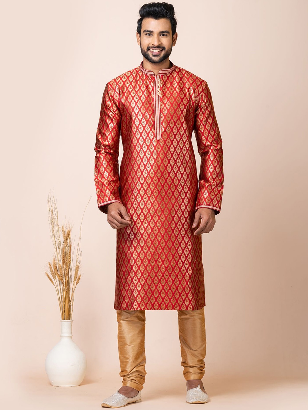 

ROOTED LIBAAS Ethnic Motifs Woven Design Kurta with Pyjamas, Red