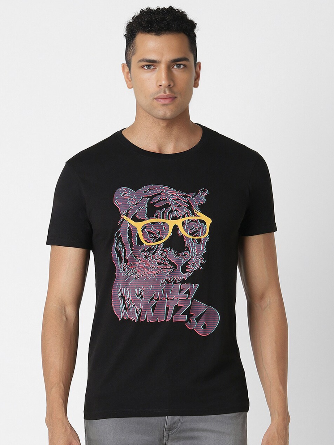 

Peter England Casuals Round Neck Short Sleeves Graphic Printed Slim Fit T-shirt, Black