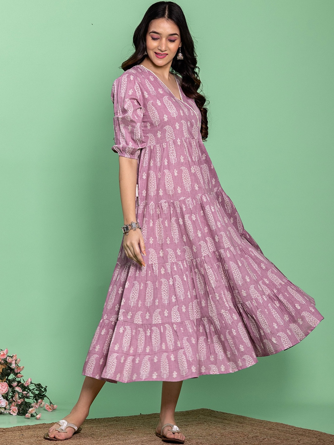 

KASYA Paisley Printed Cotton Fit & Flare Midi Ethnic Dress, Lavender