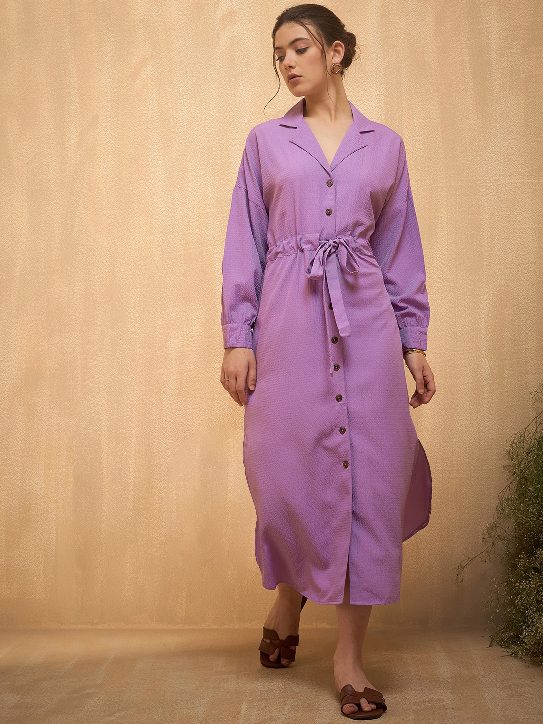 

Marie Claire Shirt Collar Cuffed Sleeves Midi Dress, Lavender