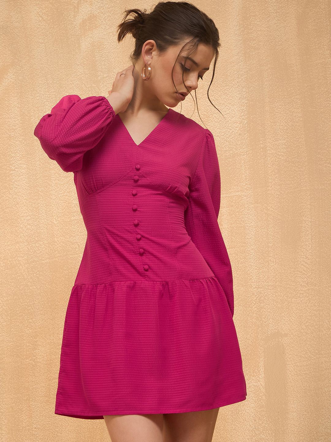 

Marie Claire Red Puff Sleeves Gathered A-Line Dress