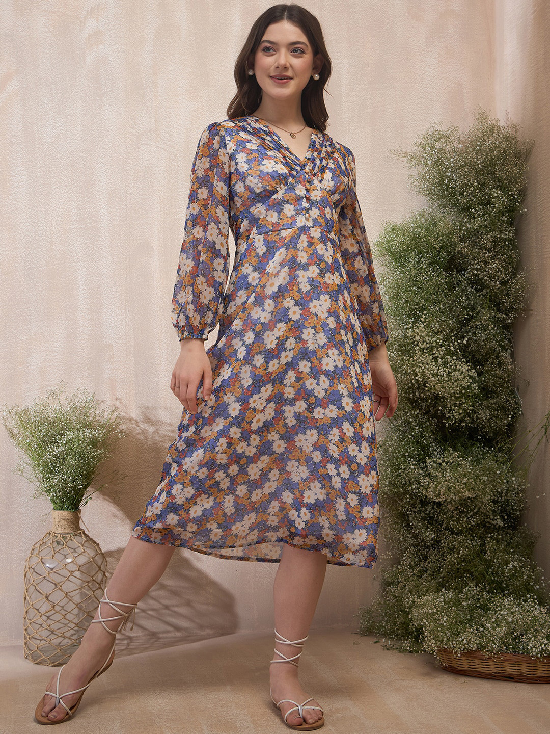 

Marie Claire Floral Printed Notched Neck Puff Sleeve Chiffon A-Line Midi Dress, Blue