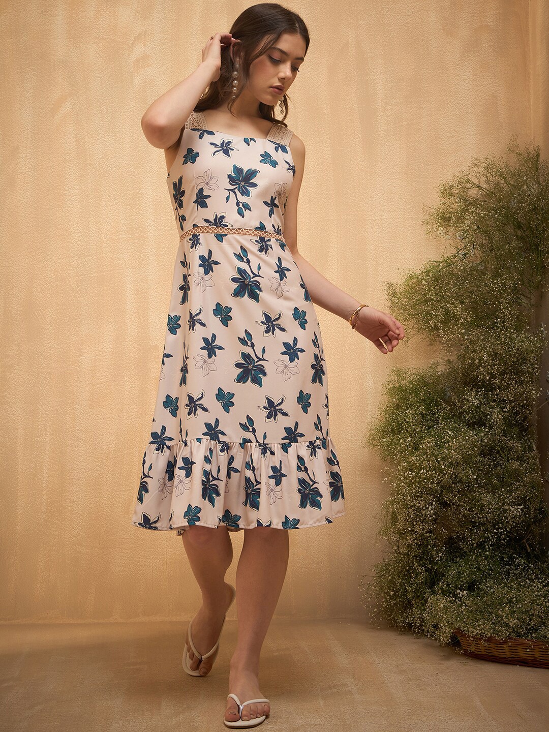 

Marie Claire Floral Printed Square Neck Shoulder Straps Fit & Flare Dress, Beige
