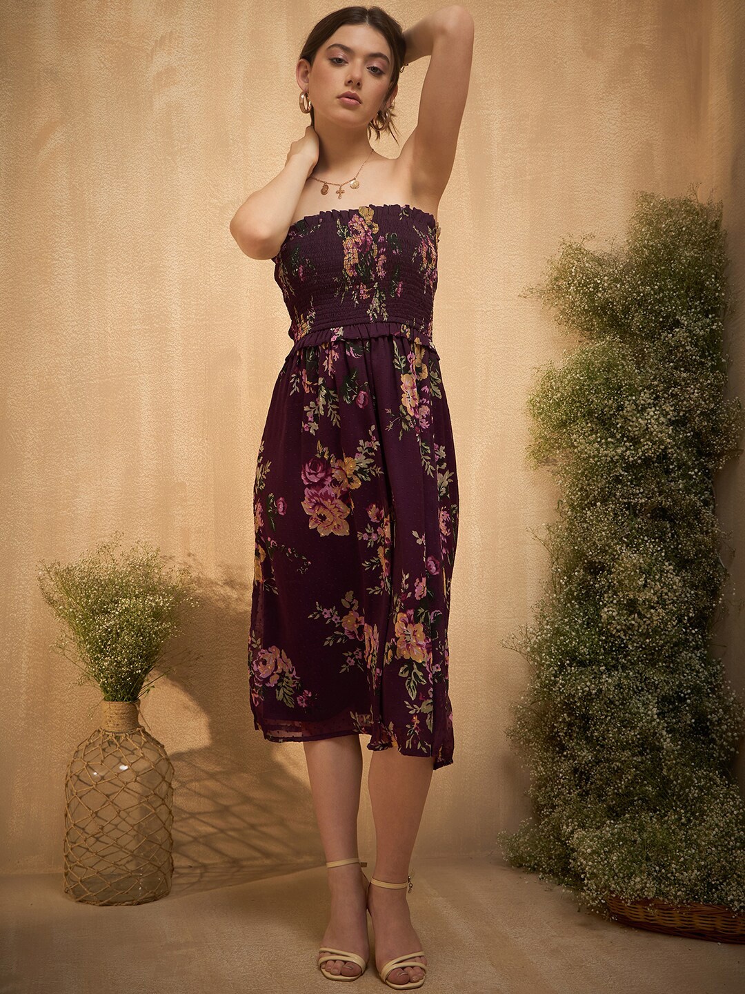 

Marie Claire Floral Printed Strapless Sleeveless Chiffon Fit & Flare Midi Dress, Maroon