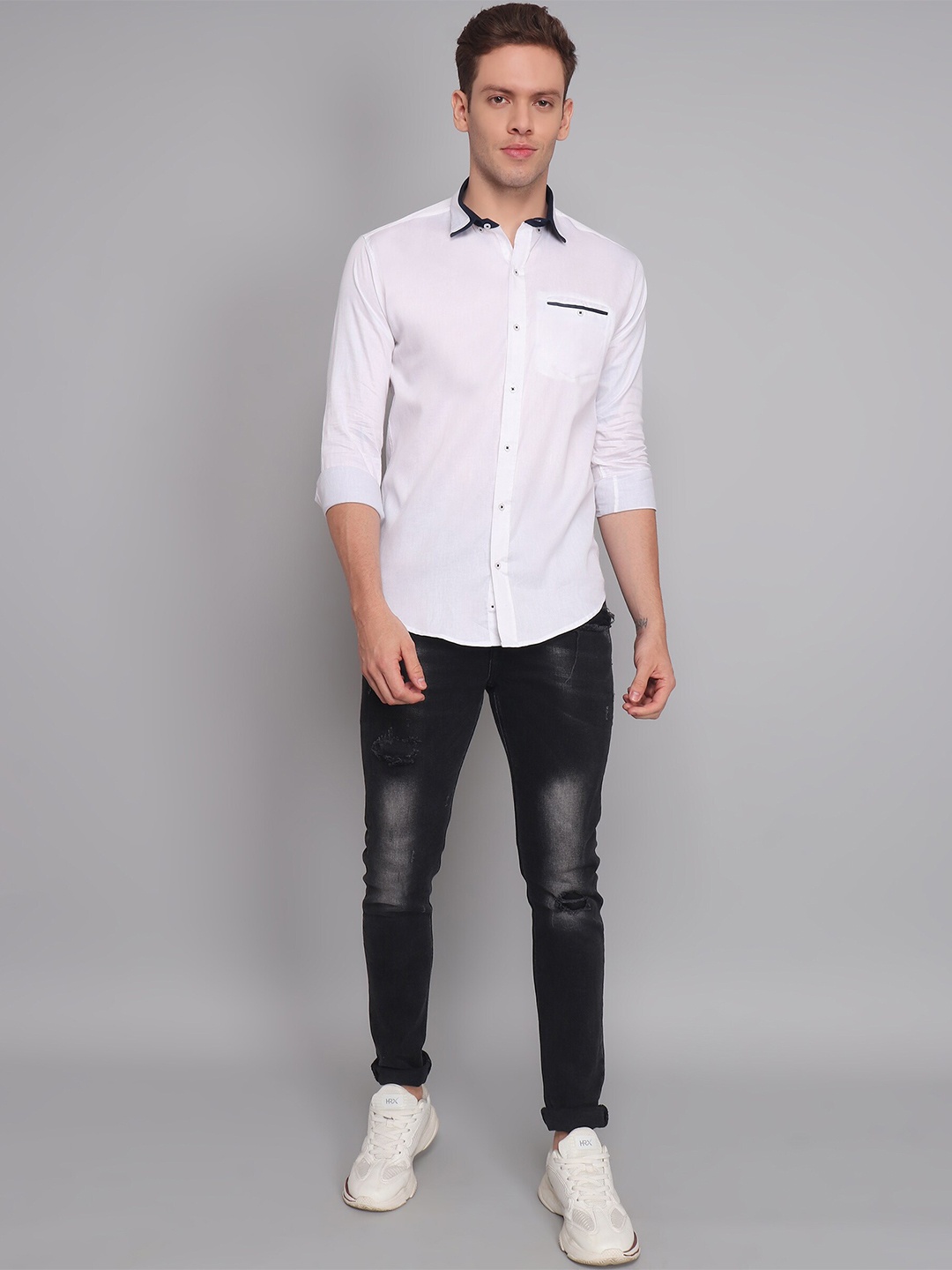 

TRYBUY.IN Original Spread Collar Long sleeves Cotton Casual Shirt, White