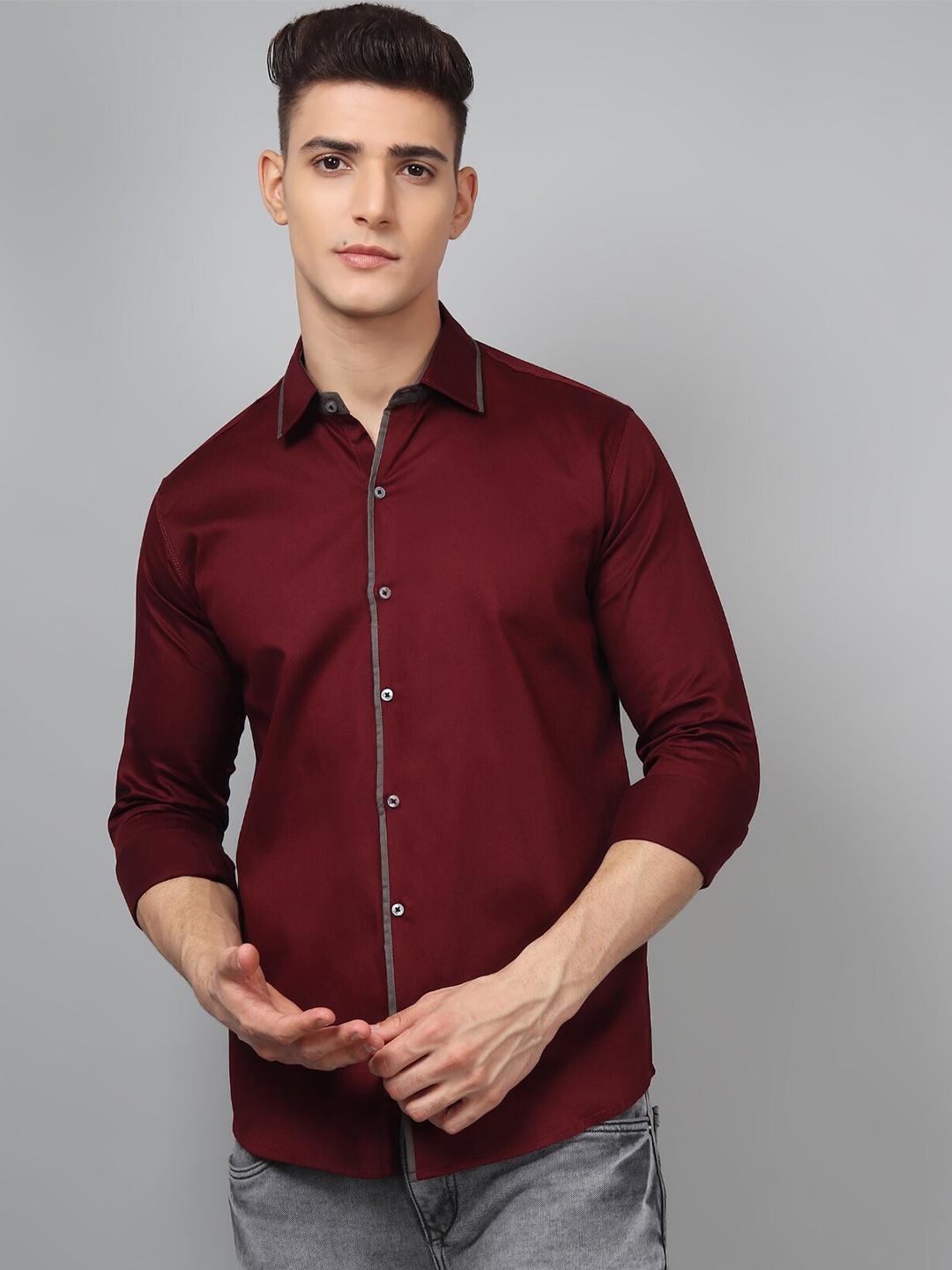 

TRYBUY.IN Original Spread Collar Long Sleeves Cotton Casual Shirt, Red