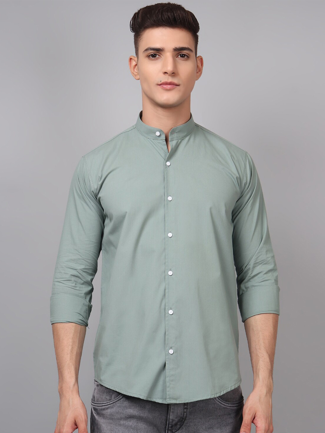

TRYBUY.IN Original Mandarin Collar Long Sleeves Cotton Casual Shirt, Green
