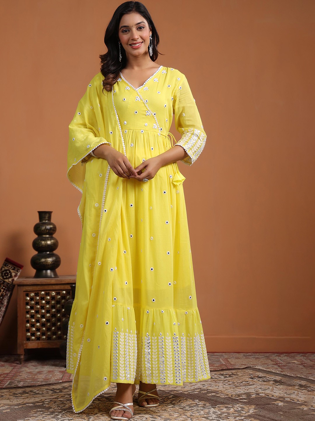 

SCAKHI Embroidered Mulmul Cotton Anarkali Angrakha Kurta With Trousers & Dupatta, Yellow