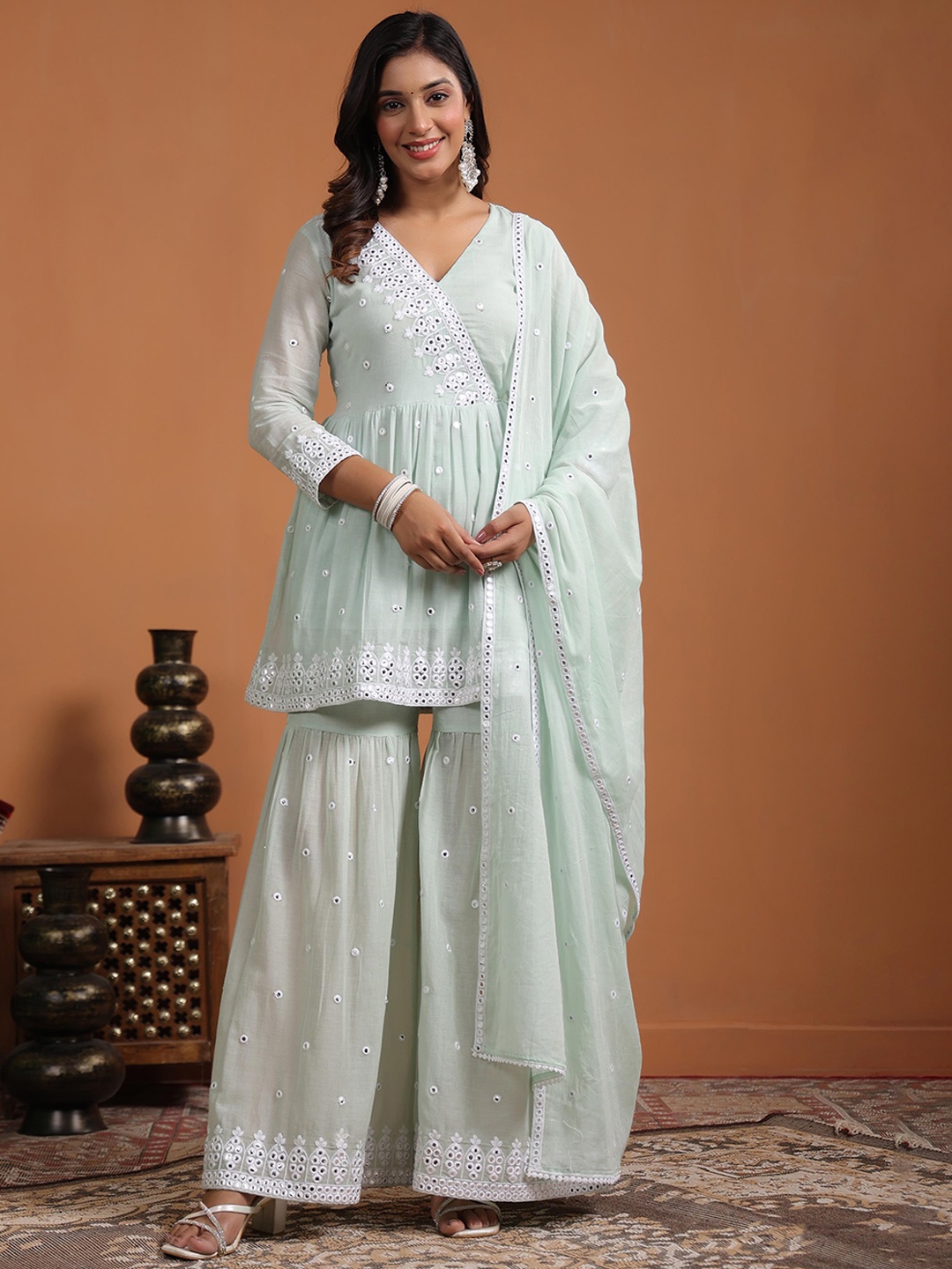 SCAKHI Embroidered Mulmul Cotton A-Line Angrakha Kurta With Sharara & Dupatta, Green