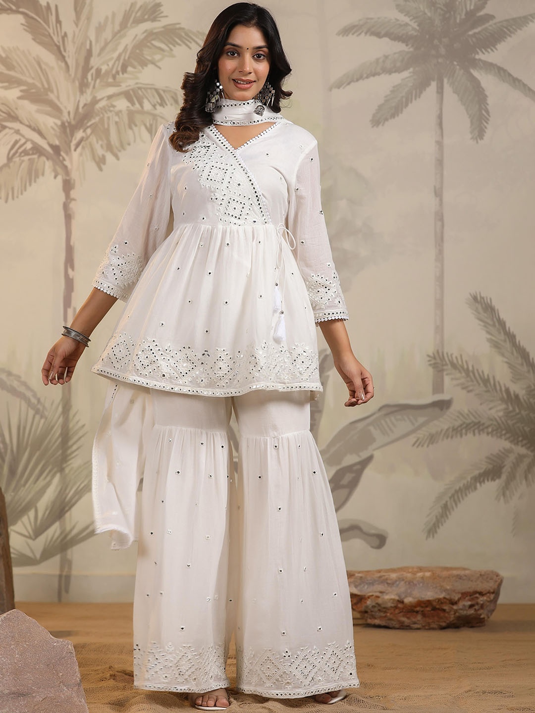 

SCAKHI Embroidered Mulmul Cotton A-Line Angrakha Kurta With Sharara & Dupatta, Off white