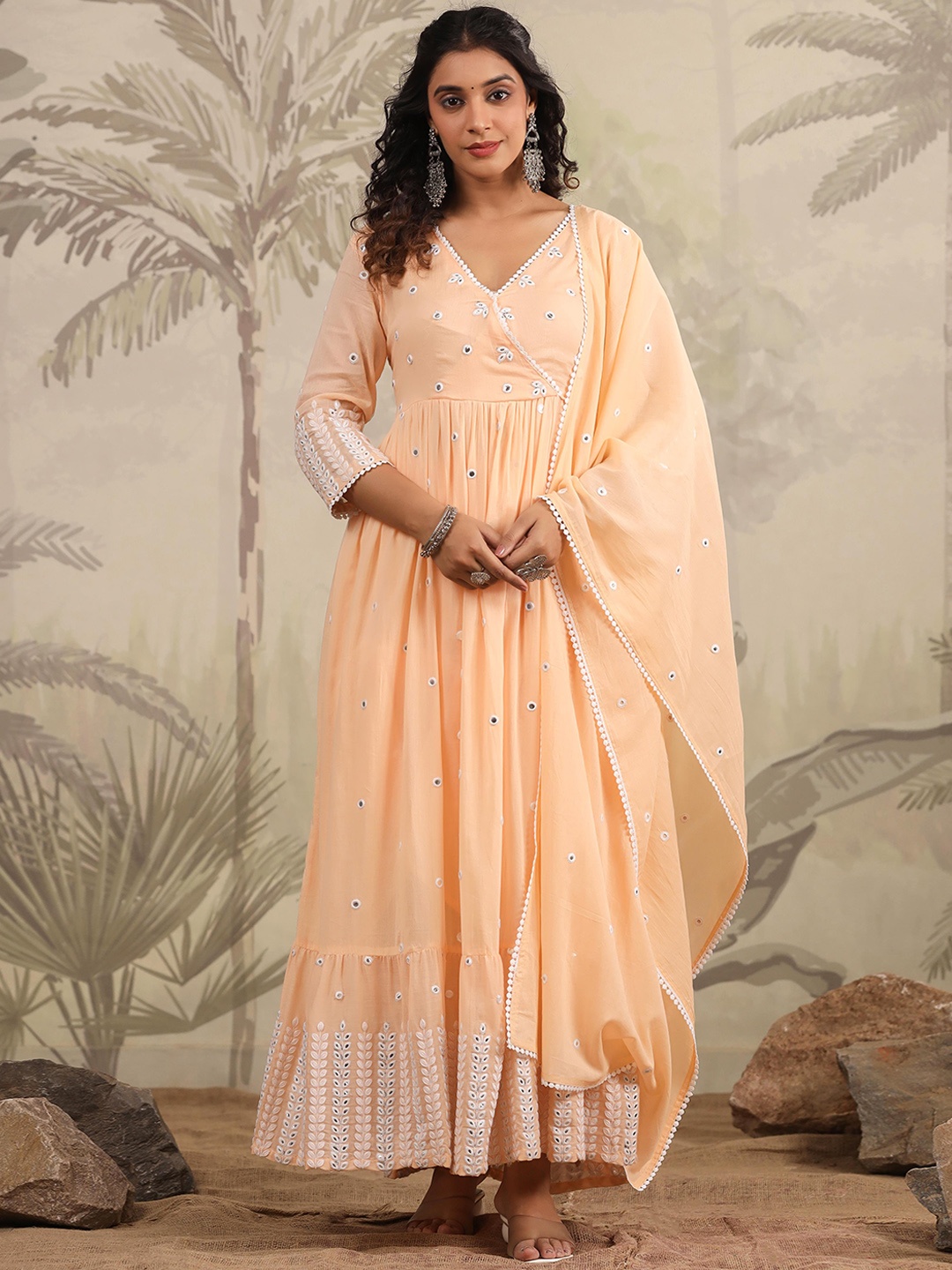 

SCAKHI Embroidered Mulmul Cotton Anarkali Angrakha Kurta With Trousers & Dupatta, Peach