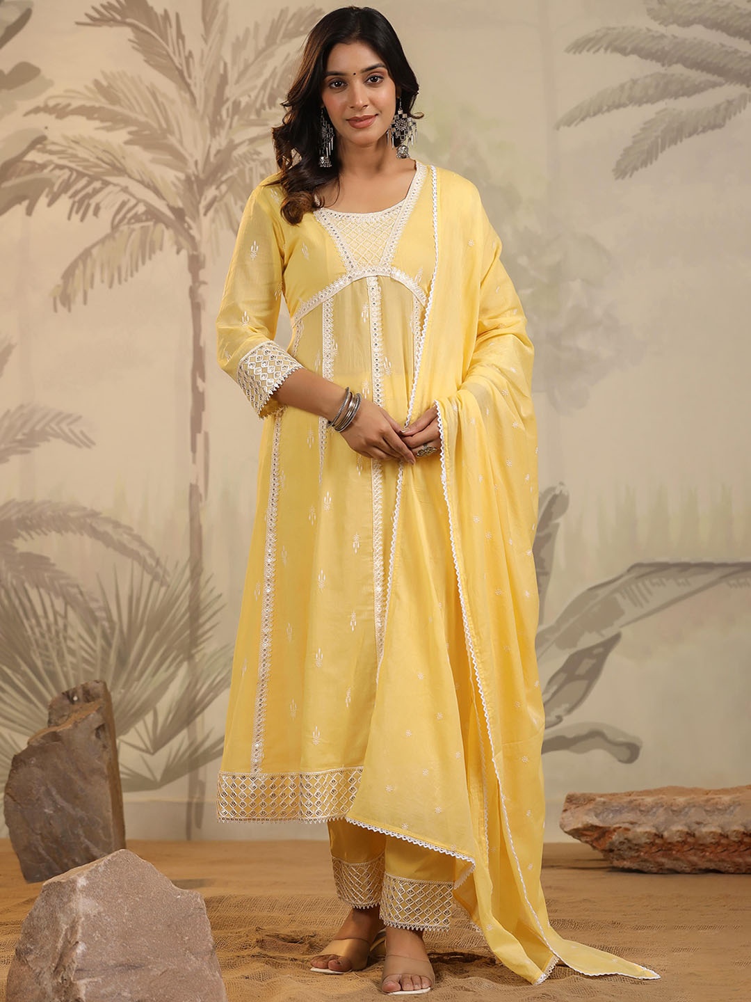 

SCAKHI Floral Embroidered Thread Work Pure Cotton Anarkali Kurta with Trousers & Dupatta, Yellow