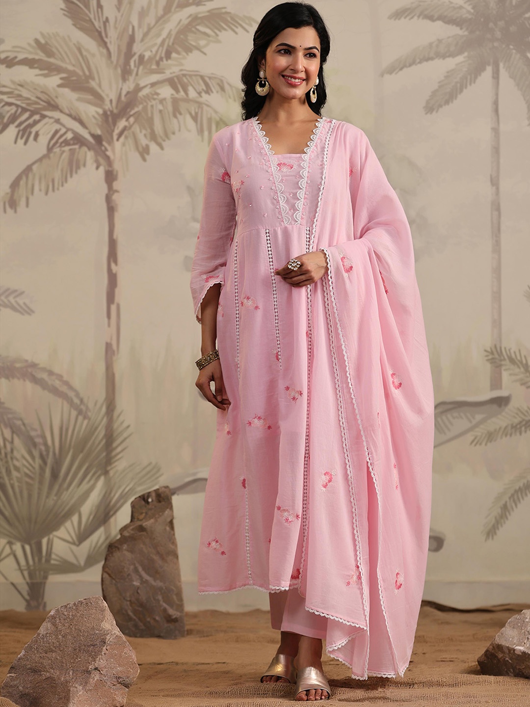 

SCAKHI V Neck Floral Embroidered Panelled Pure Cotton Kurta with Trouser & Dupatta, Pink