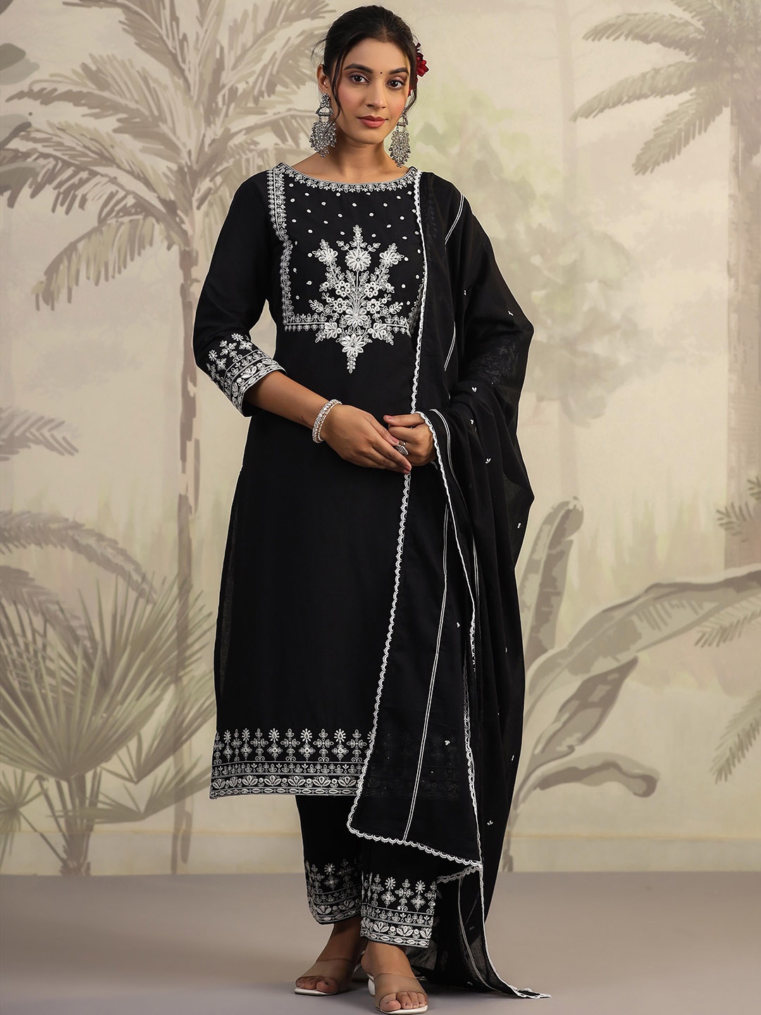 

SCAKHI Floral Yoke Design Mirror Work Pure Cotton Straight Kurta With Trousers & Dupatta, Black