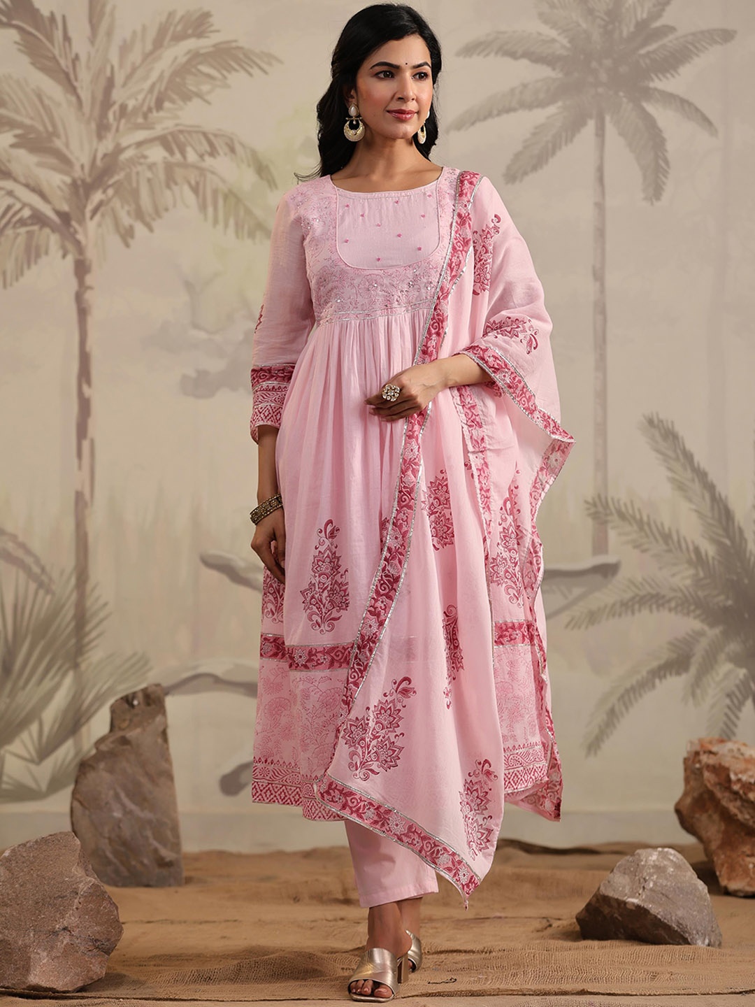 

SCAKHI Floral Printed Mulmul Cotton Anarkali Kurta With Trousers & Dupatta, Pink