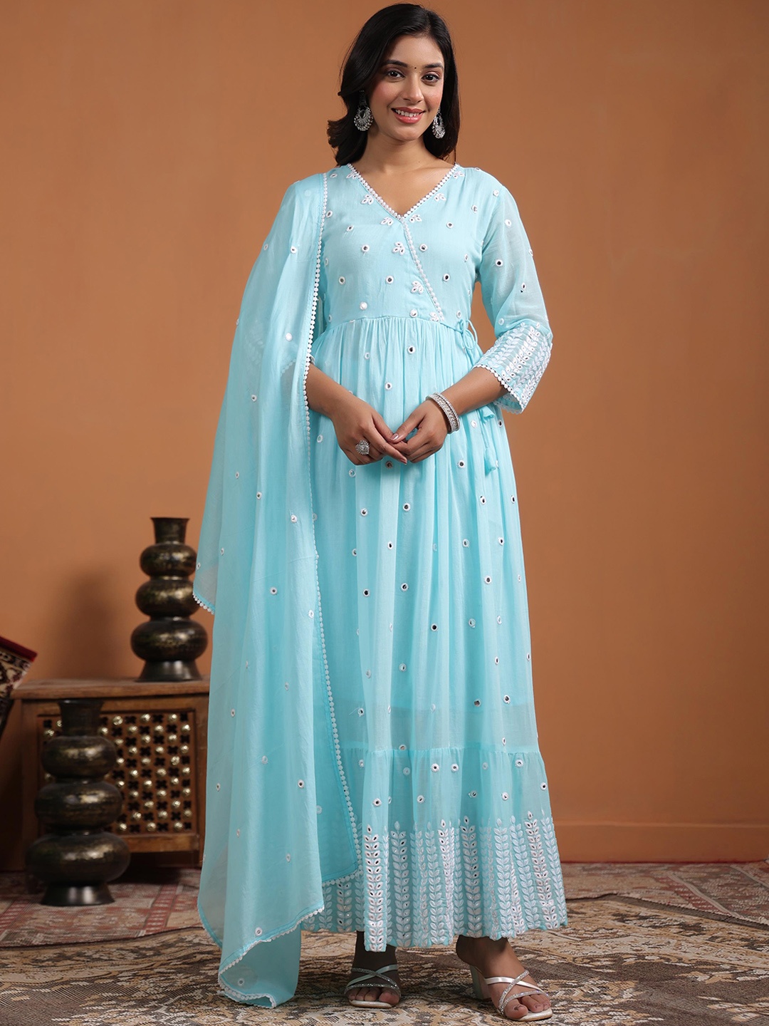 

SCAKHI Floral Embroidered Angrakha Mirror Work Pure Cotton Kurta with Trousers & Dupatta, Blue