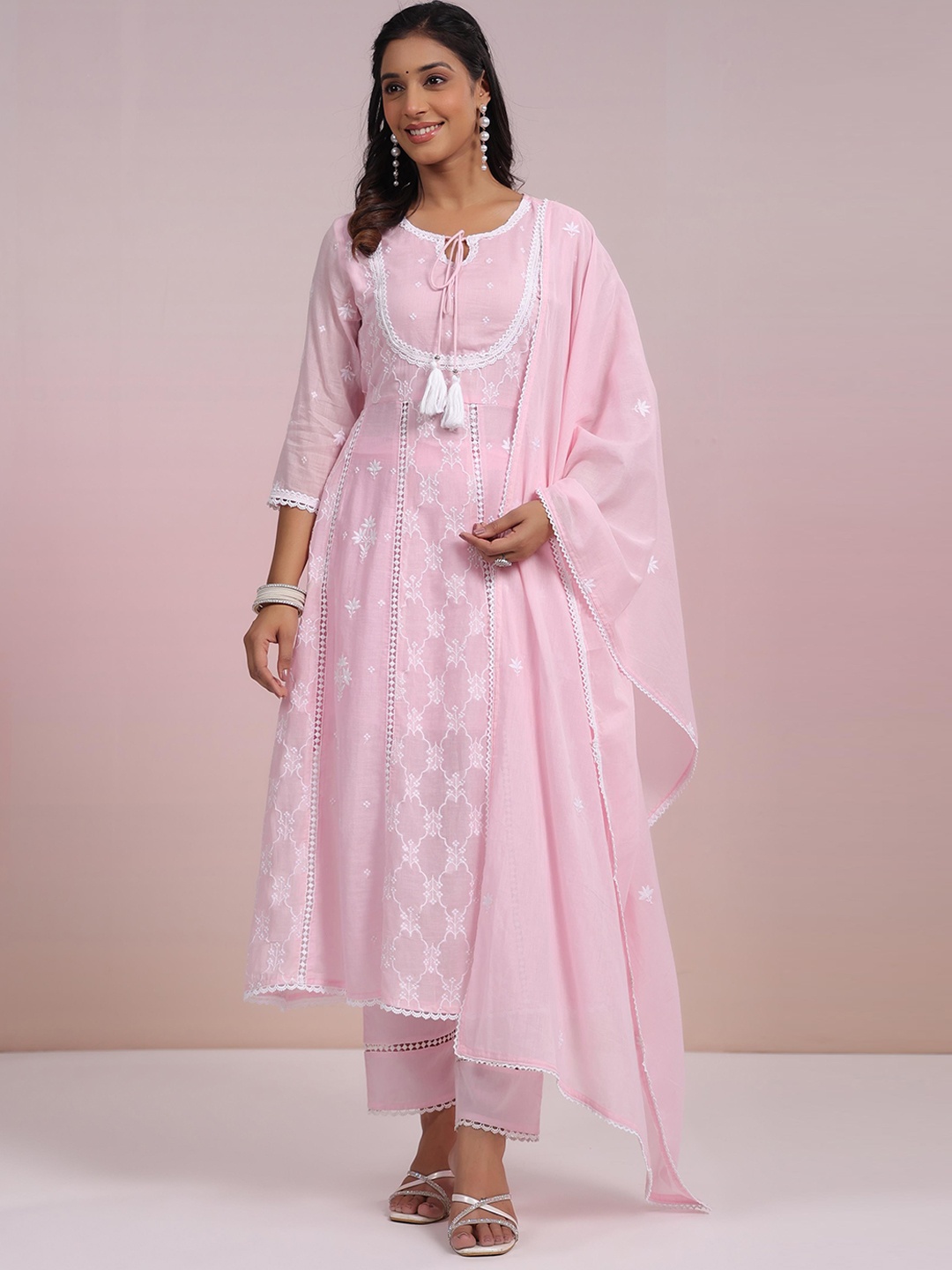 

SCAKHI Floral Embroidered Tie-Up Neck Mulmul Cotton Anarkali Kurta With Trousers & Dupatta, Pink